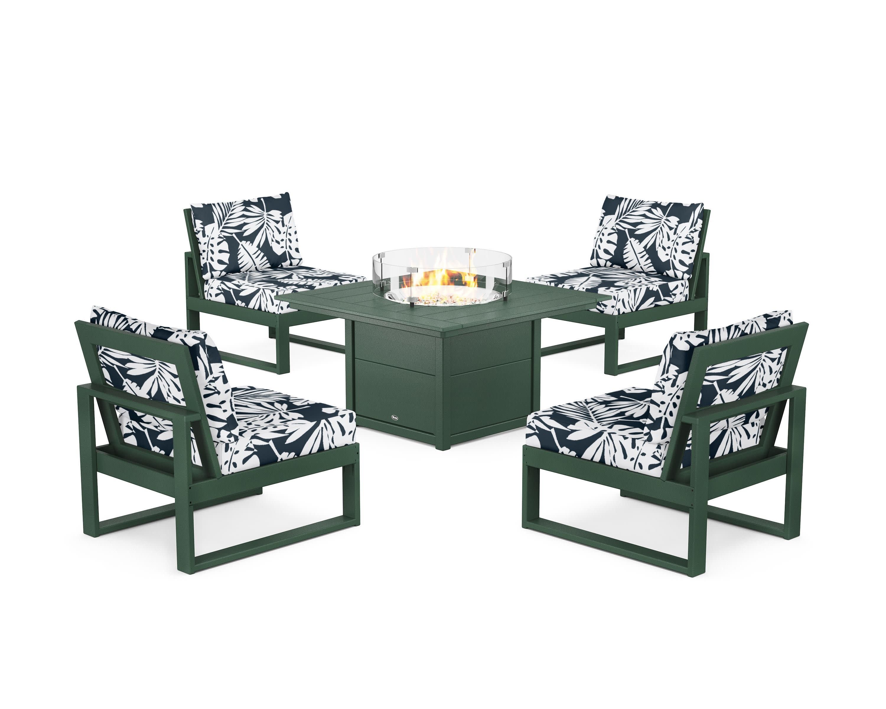 Eastport Modular 5-Piece Deep Seating Set with Square Fire Pit Table in Rainforest Canopy / Leaf Marine Indigo