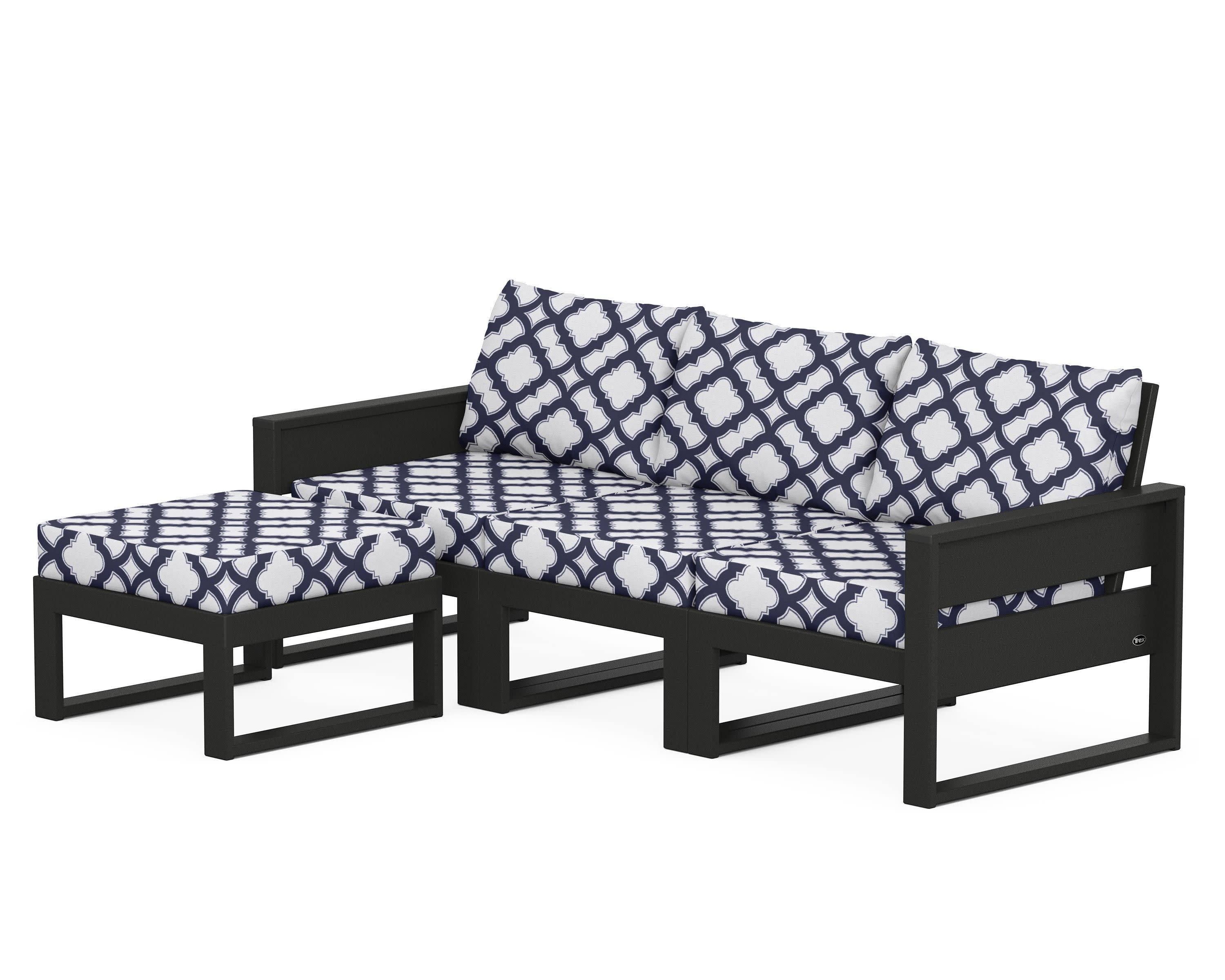 Eastport 4- Piece Sectional with Ottoman in Charcoal Black / Trellis Navy