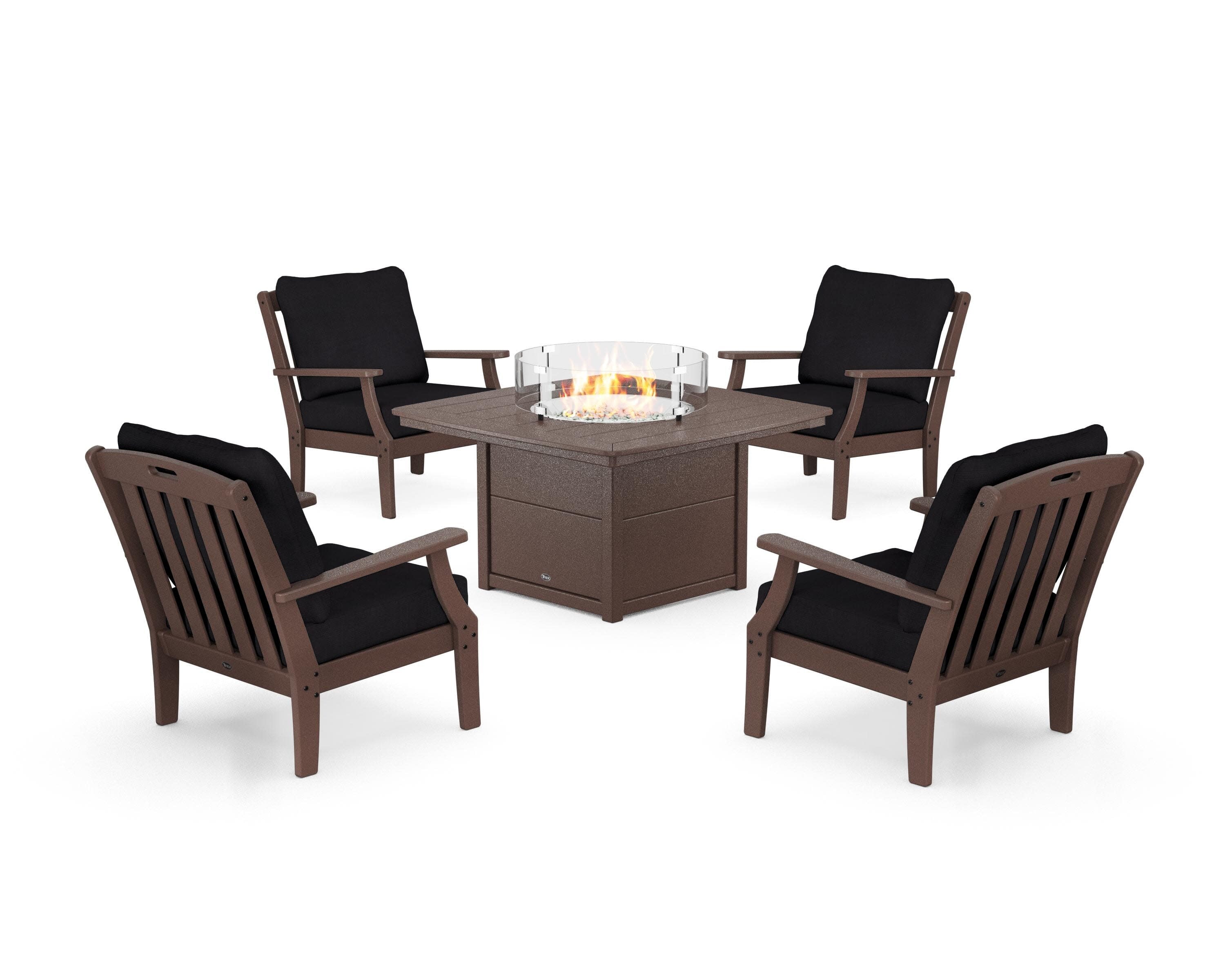 Yacht Club 5-Piece Deep Seating Set with Fire Pit Table in Vintage Lantern / Midnight Linen