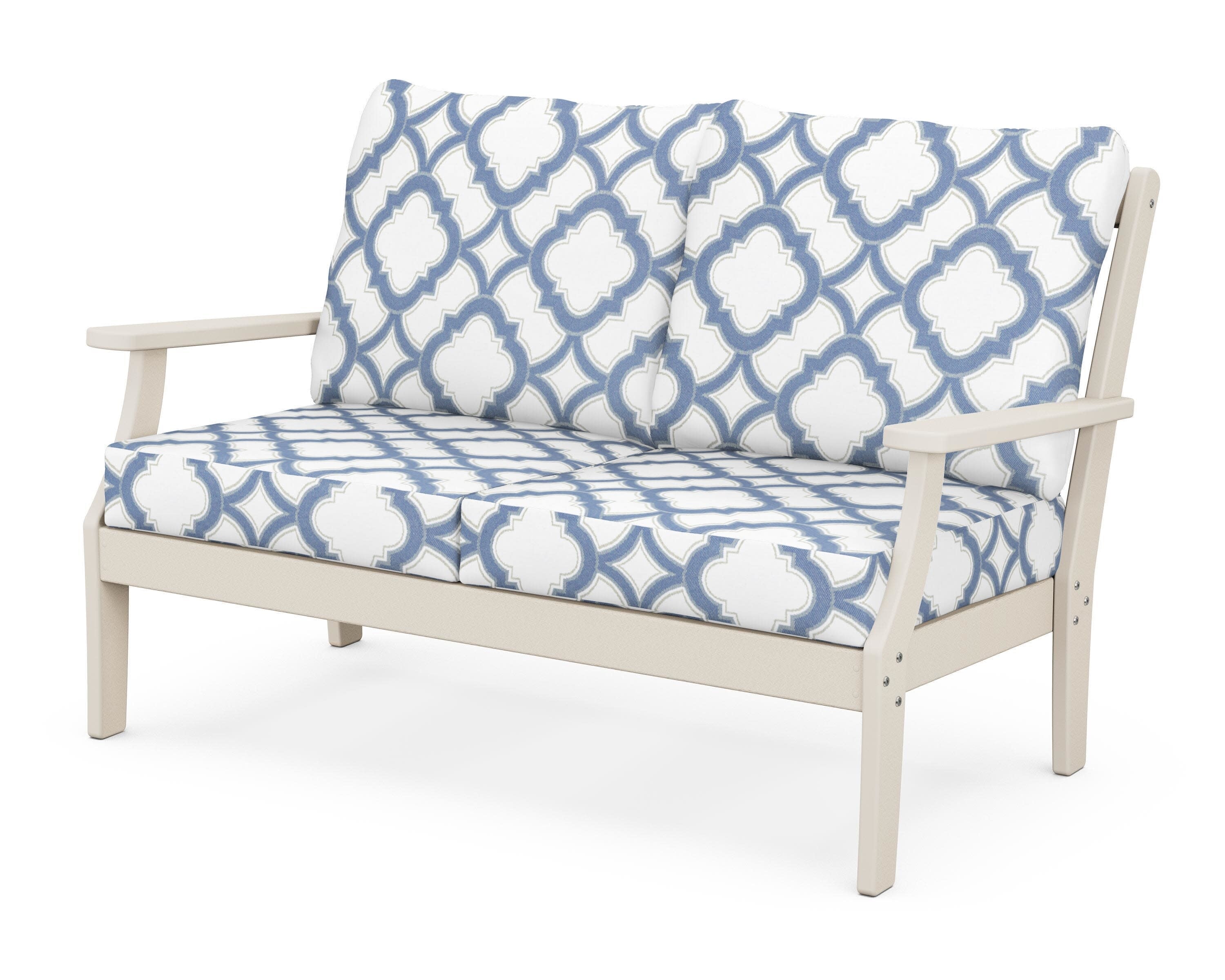 Yacht Club Deep Seating Loveseat in Sand Castle / Trellis Sky Blue