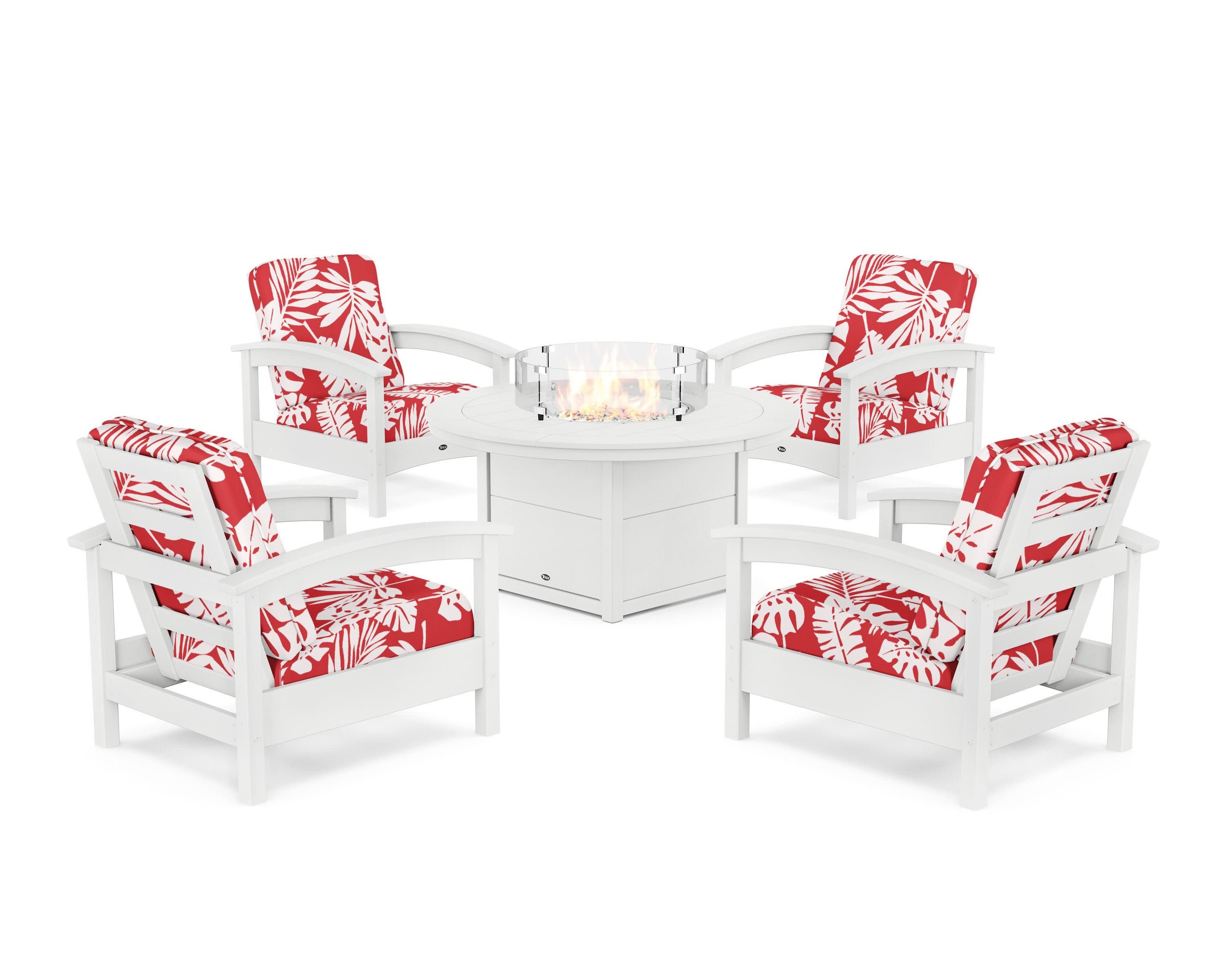 Rockport 5-Piece Deep Seating Set with Round Fire Pit Table in Classic White / Leaf Crimson