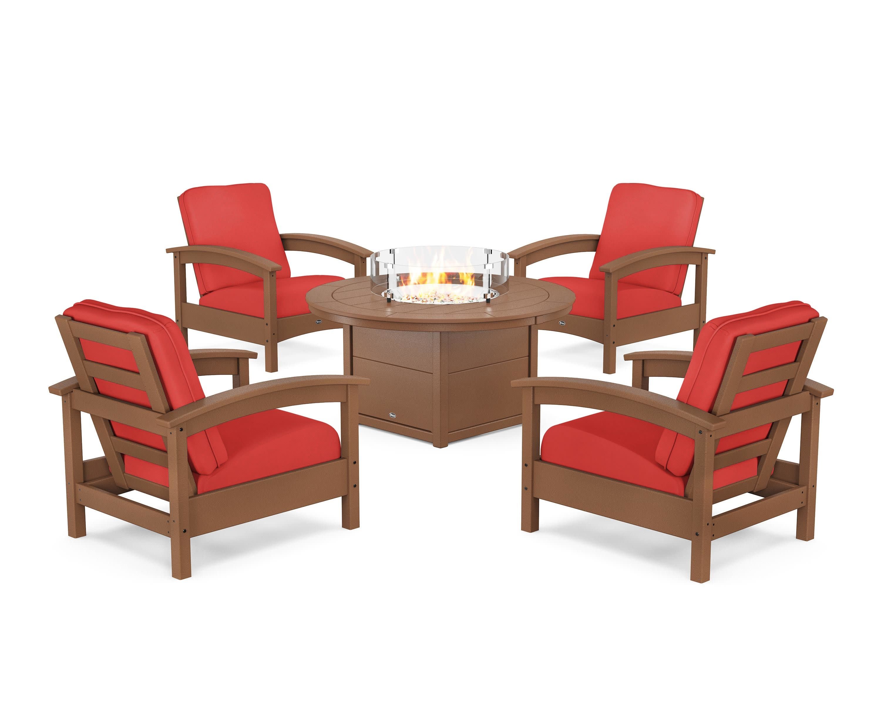 Rockport 5-Piece Deep Seating Set with Round Fire Pit Table in Tree House / Crimson Linen