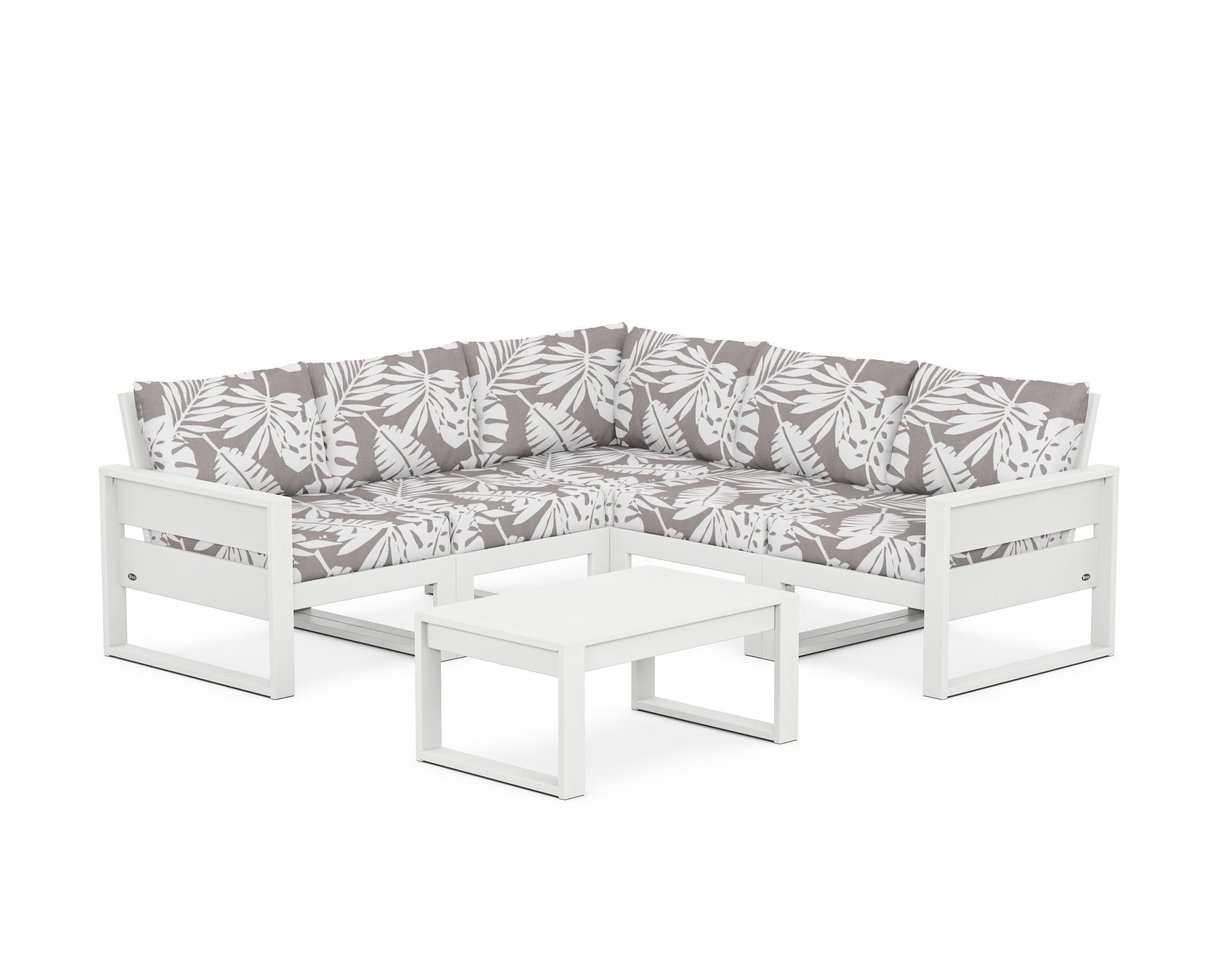 Eastport 6-Piece Deep Seating Sectional + Coffee Table Set in Classic White / Leaf Grey Mist