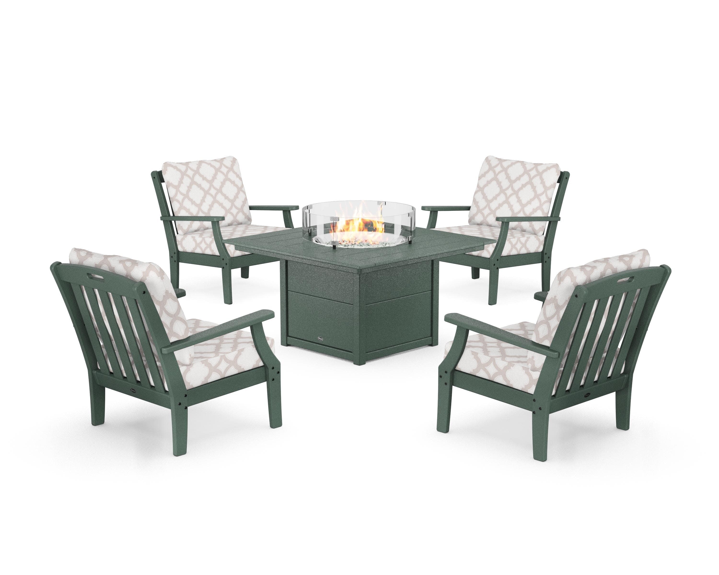 Yacht Club 5-Piece Deep Seating Set with Square Fire Pit Table in Rainforest Canopy / Trellis Dune Burlap