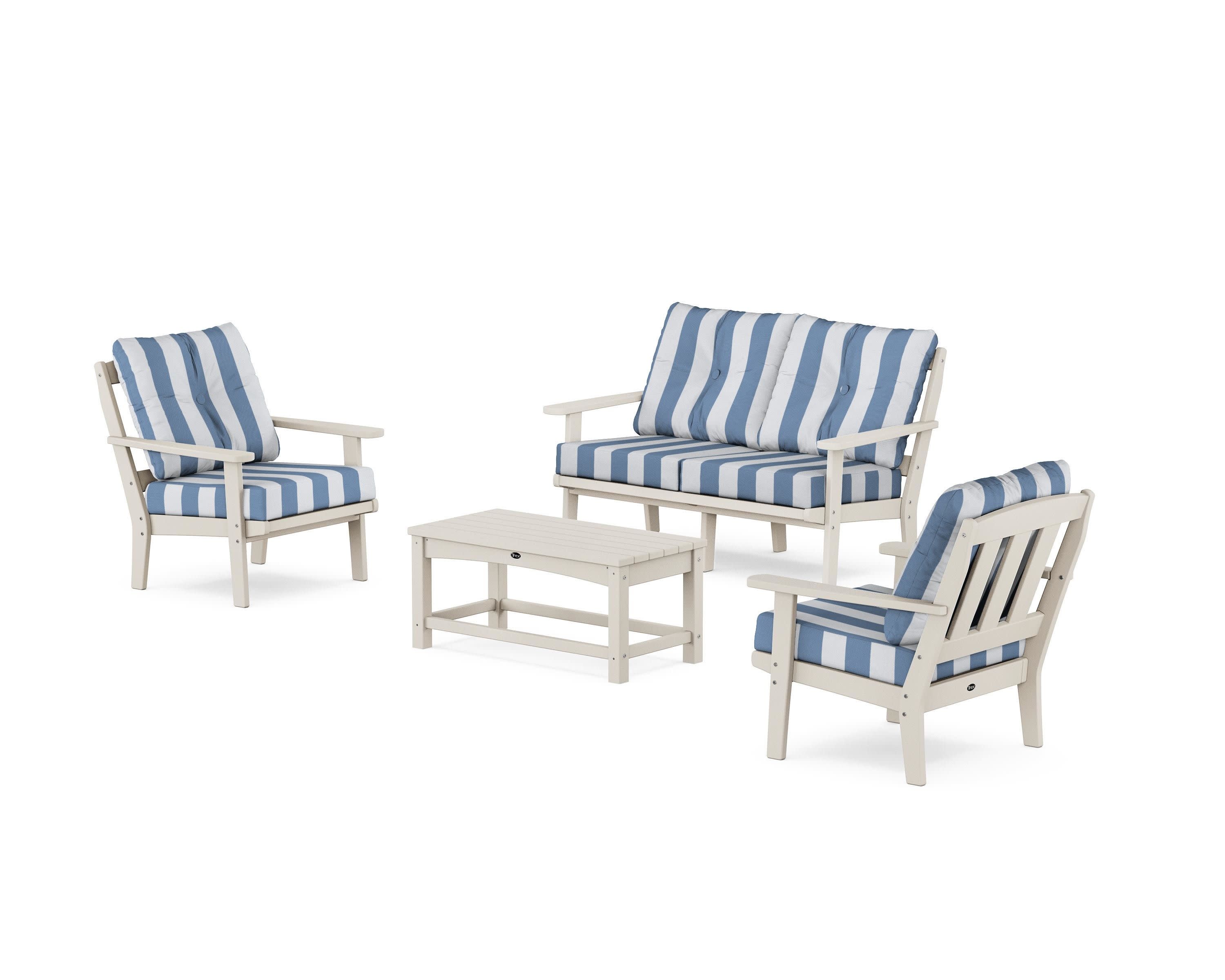 Cape Cod 4-Piece Deep Seating Set with Loveseat in Sand Castle / Cabana Stripe Sky Blue