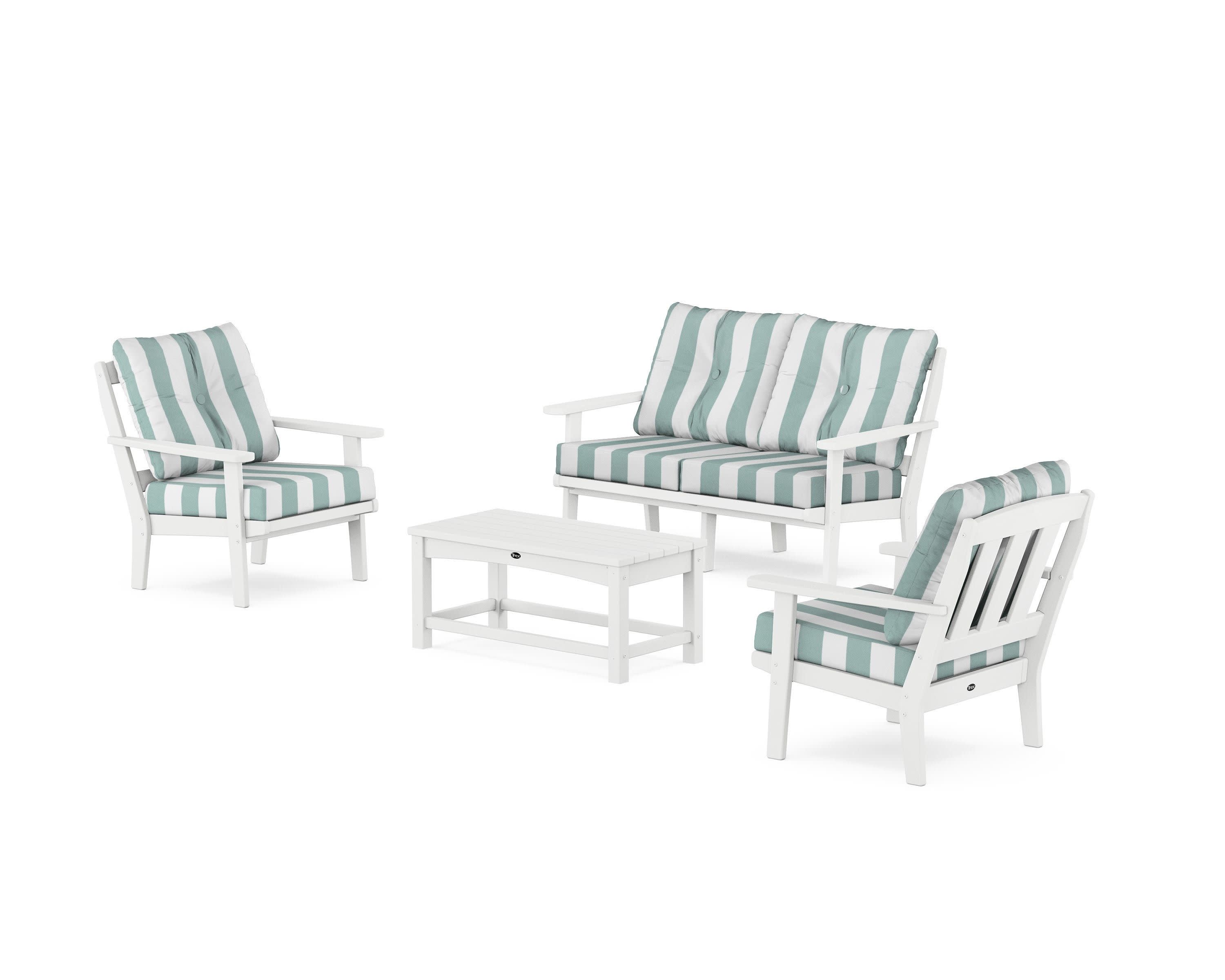 Cape Cod 4-Piece Deep Seating Set with Loveseat in Classic White / Cabana Stripe Glacier Spa