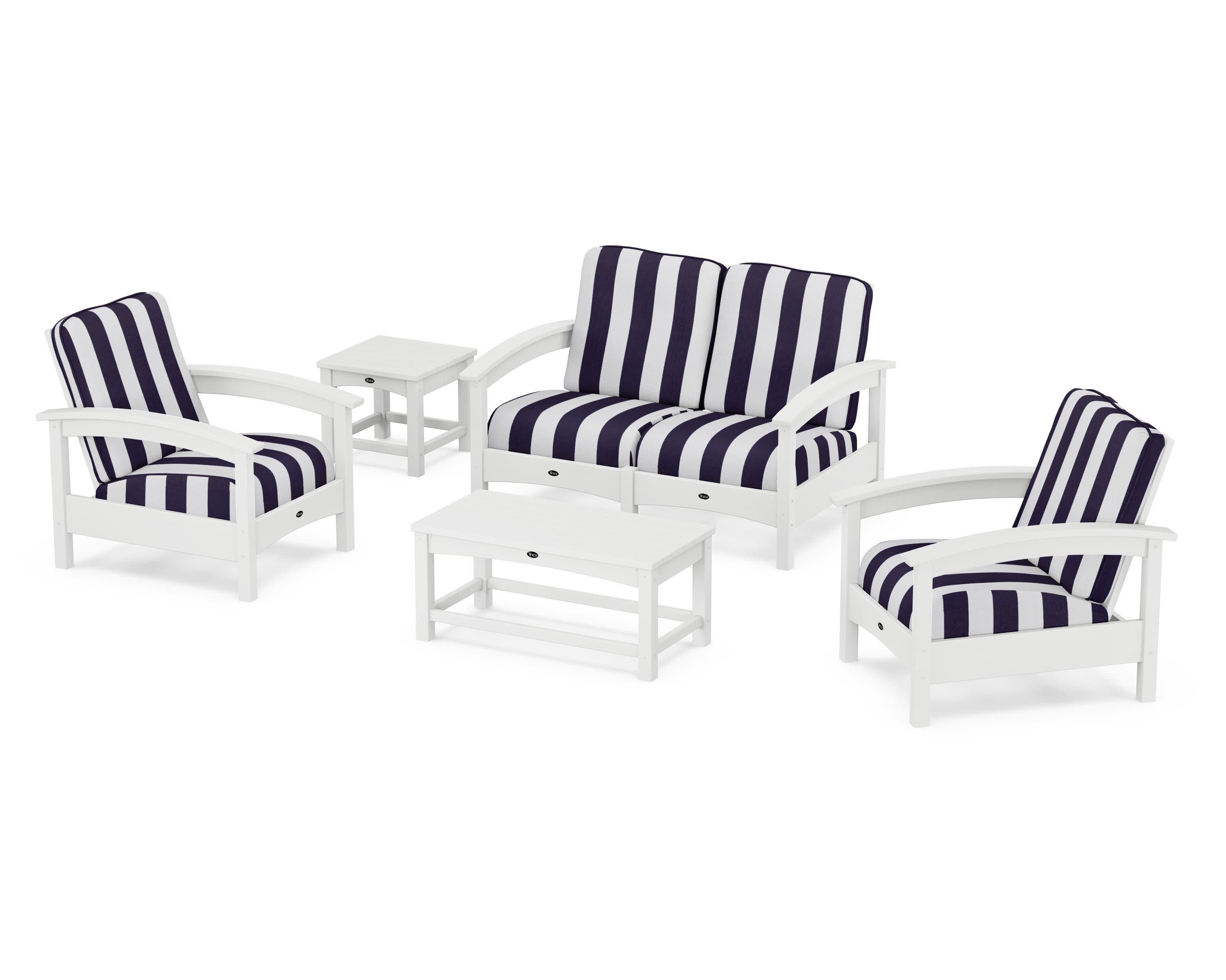 Rockport Club 6-Piece Deep Seating Conversation Set in Classic White / Cabana Stripe Navy