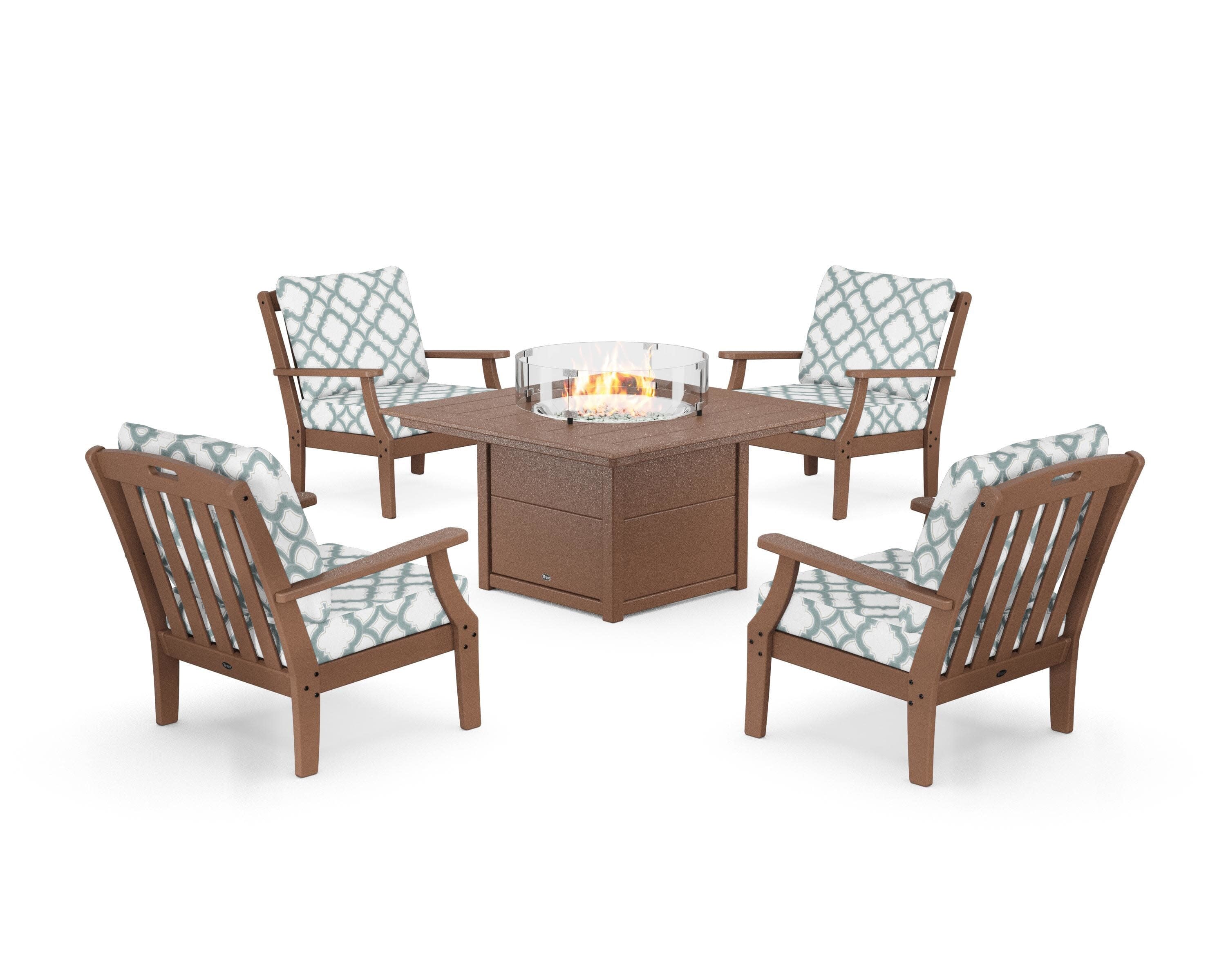 Yacht Club 5-Piece Deep Seating Set with Square Fire Pit Table in Tree House / Trellis Glacier Spa