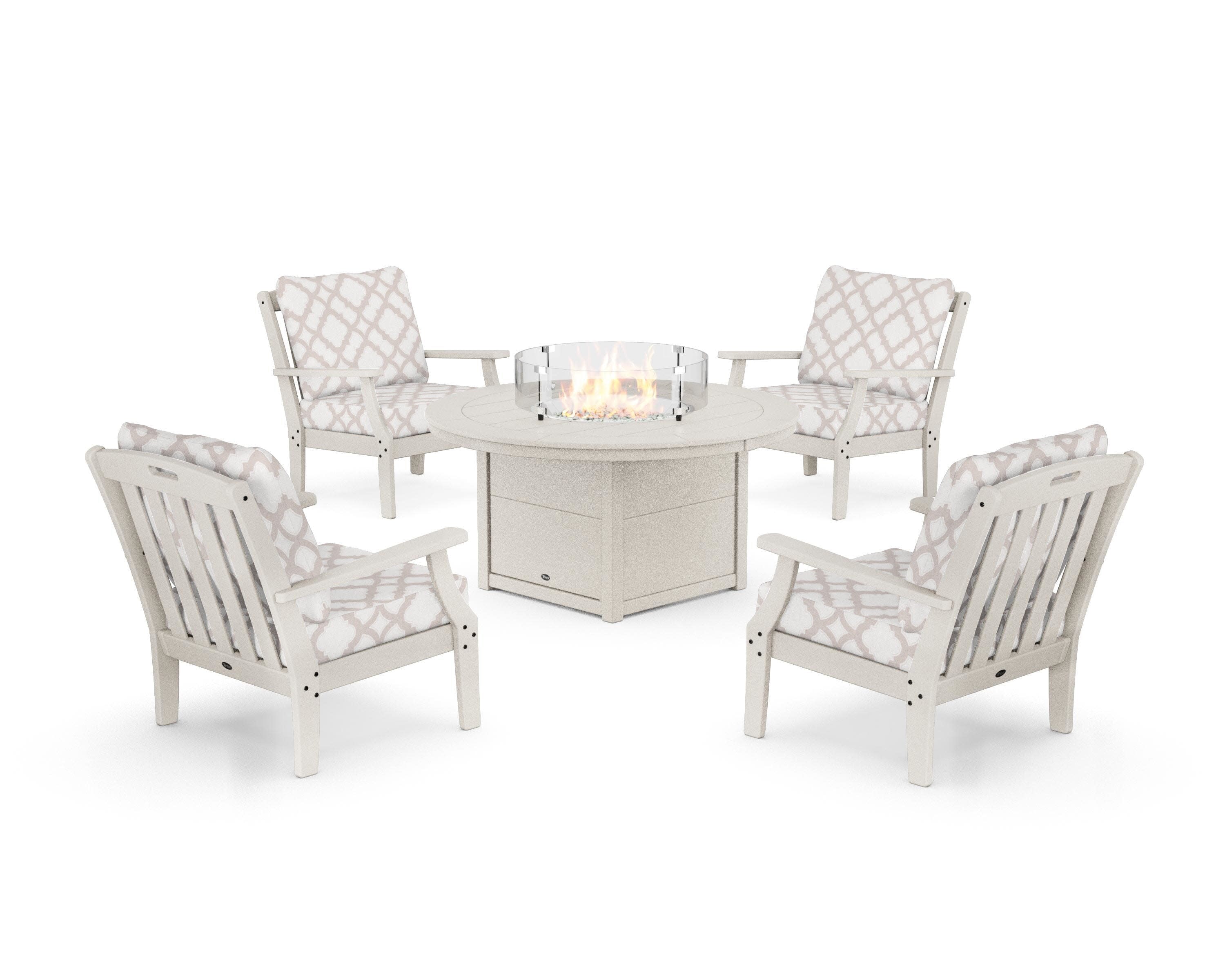 Yacht Club 5-Piece Deep Seating Set with Round Fire Pit Table in Sand Castle / Trellis Dune Burlap