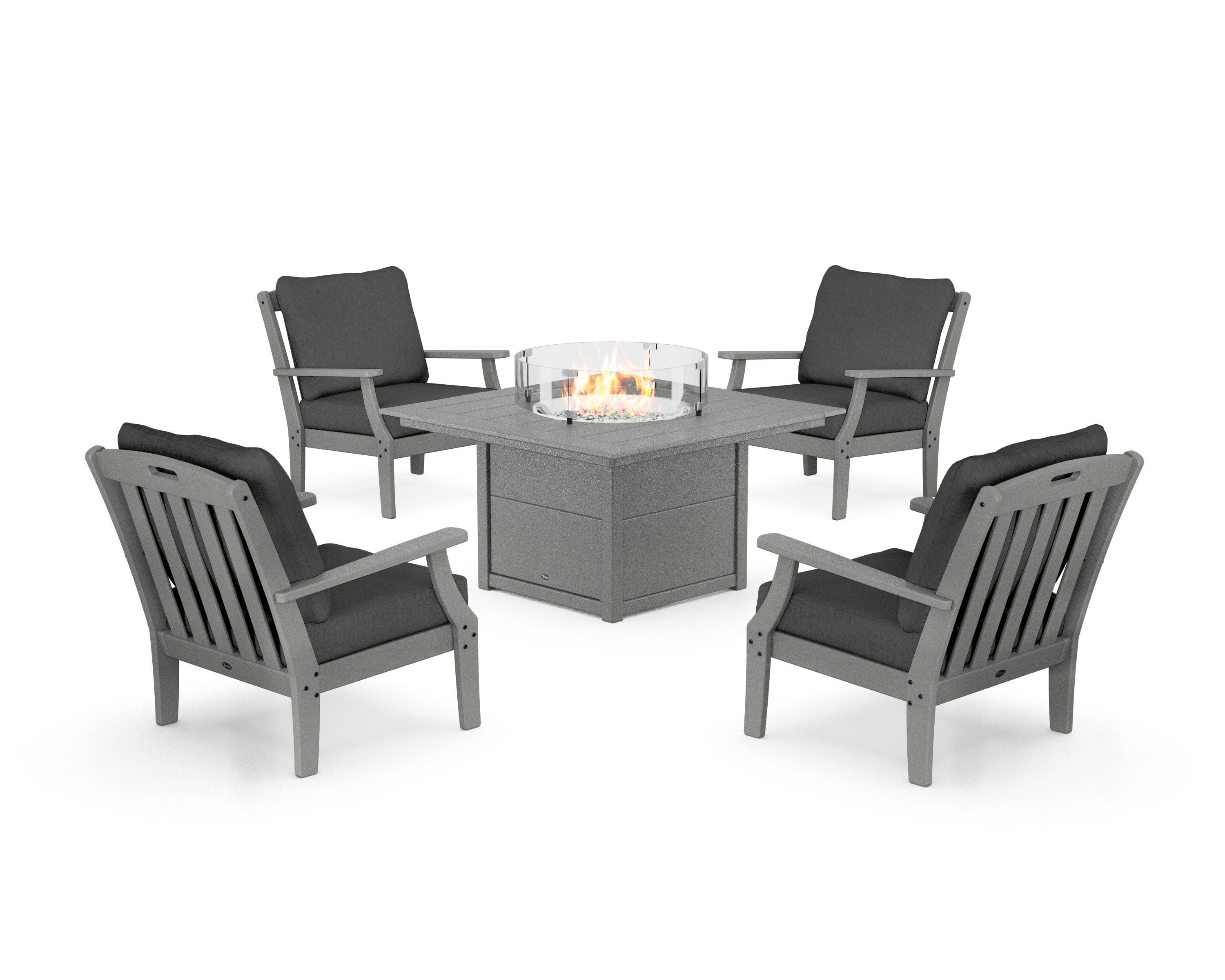 Yacht Club 5-Piece Deep Seating Set with Square Fire Pit Table in Stepping Stone / Spectrum Carbon