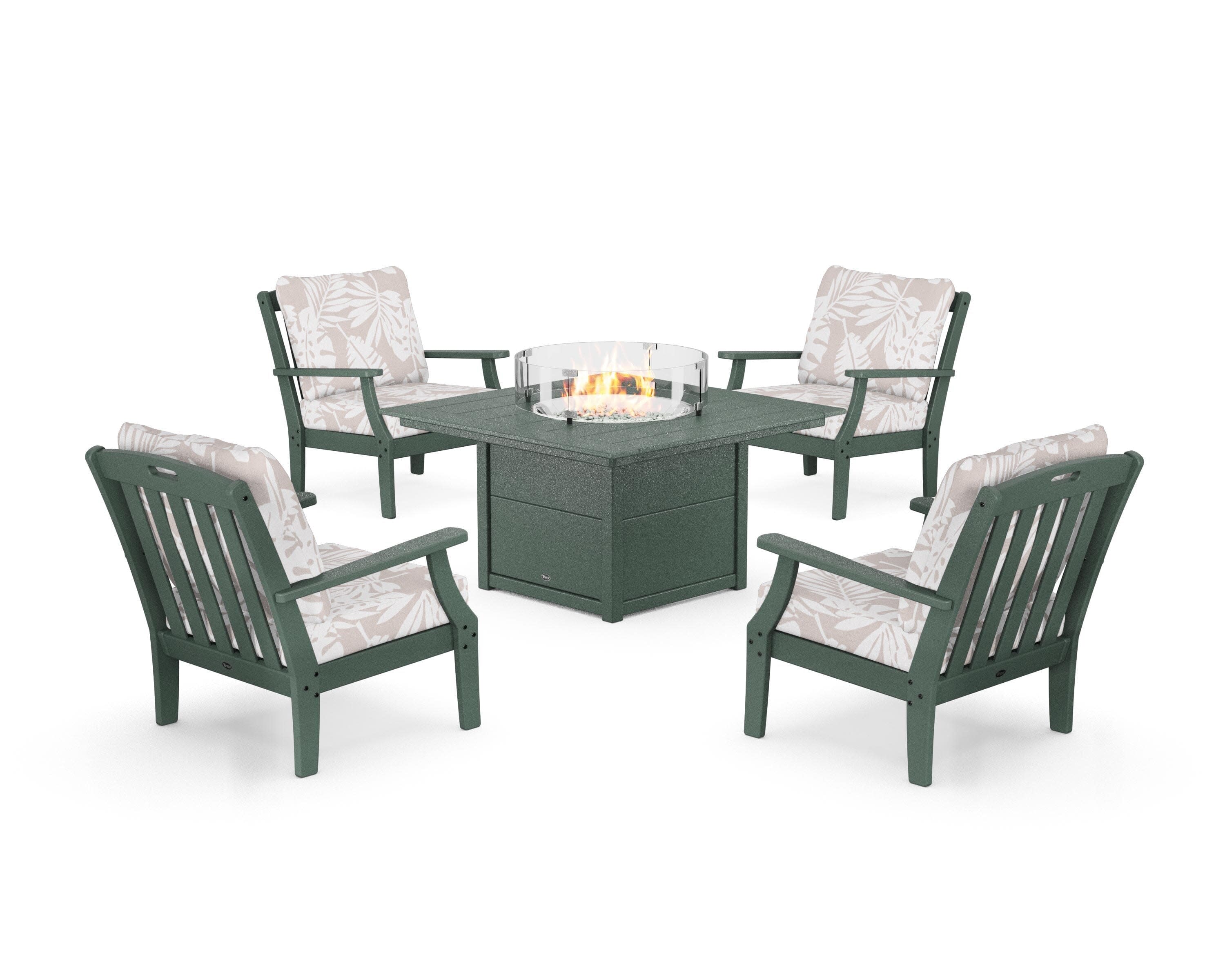 Yacht Club 5-Piece Deep Seating Set with Square Fire Pit Table in Rainforest Canopy / Leaf Dune Burlap