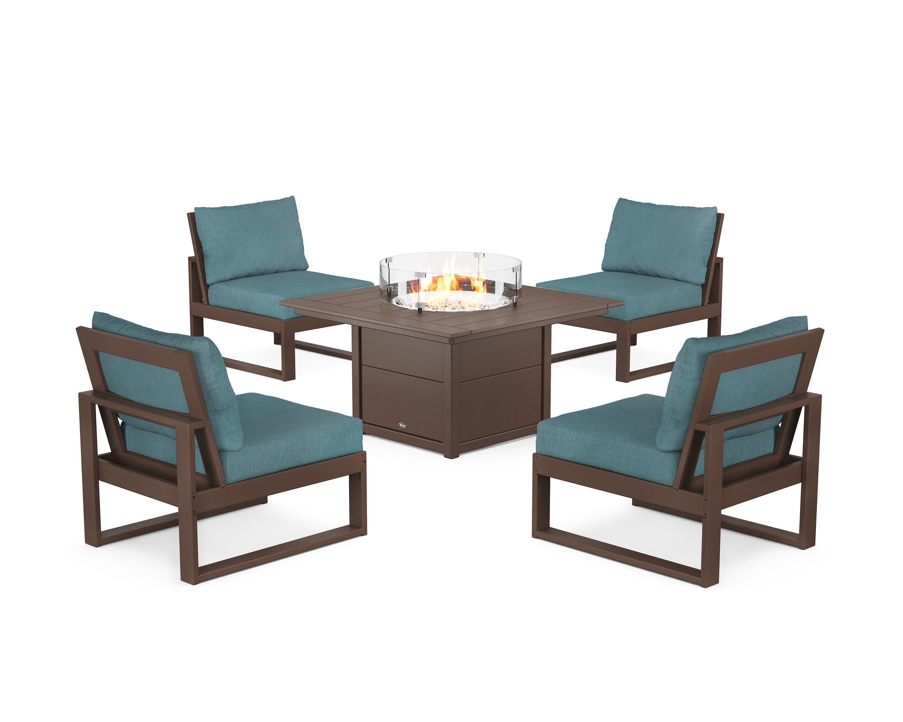 Eastport Modular 5-Piece Deep Seating Set with Square Fire Pit Table in Vintage Lantern / Ocean Teal