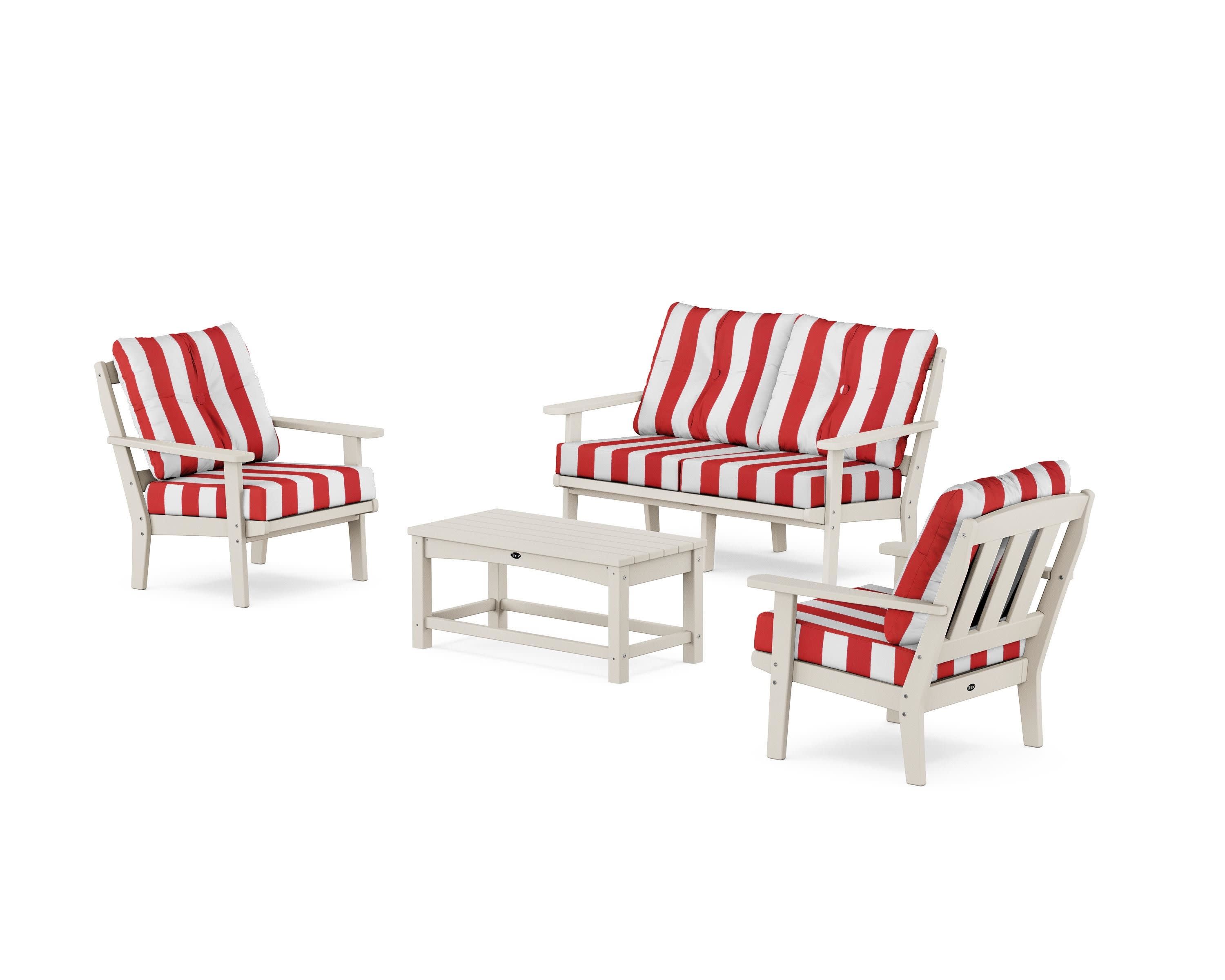 Cape Cod 4-Piece Deep Seating Set with Loveseat in Sand Castle / Cabana Stripe Crimson