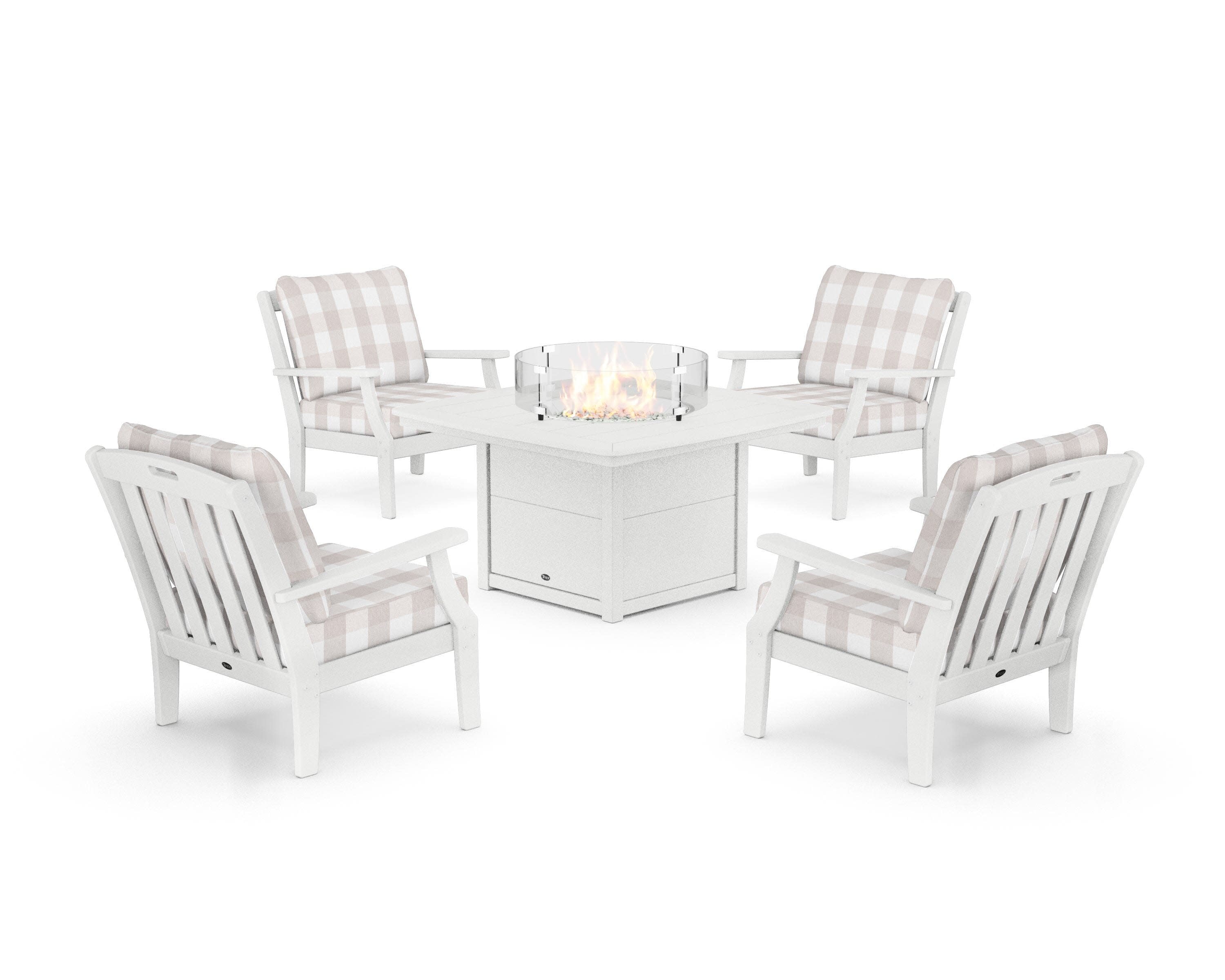 Yacht Club 5-Piece Deep Seating Set with Fire Pit Table in Classic White / Buffalo Plaid Dune Burlap