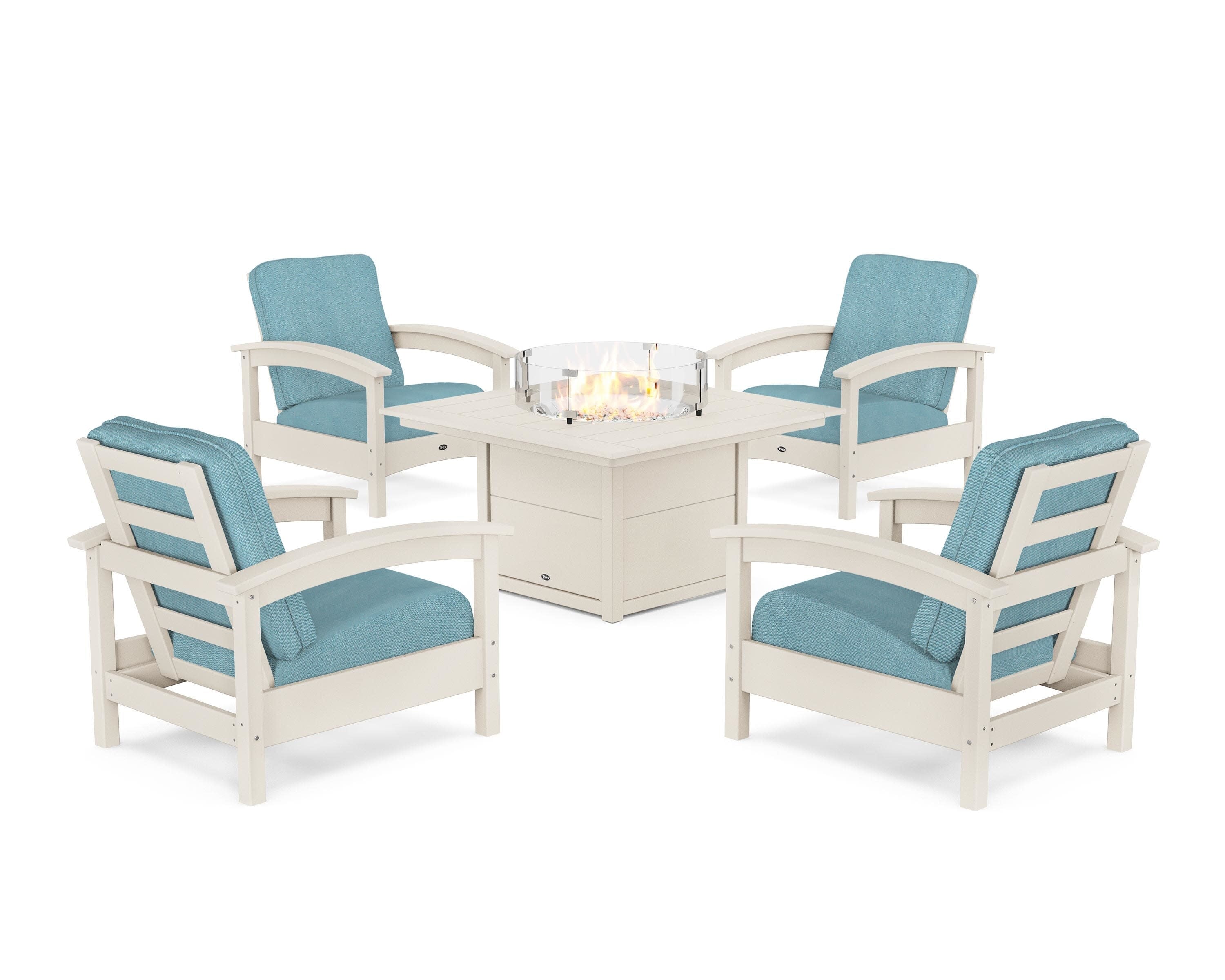 Rockport 5-Piece Deep Seating Set with Square Fire Pit Table in Sand Castle / Lattice Sky Blue
