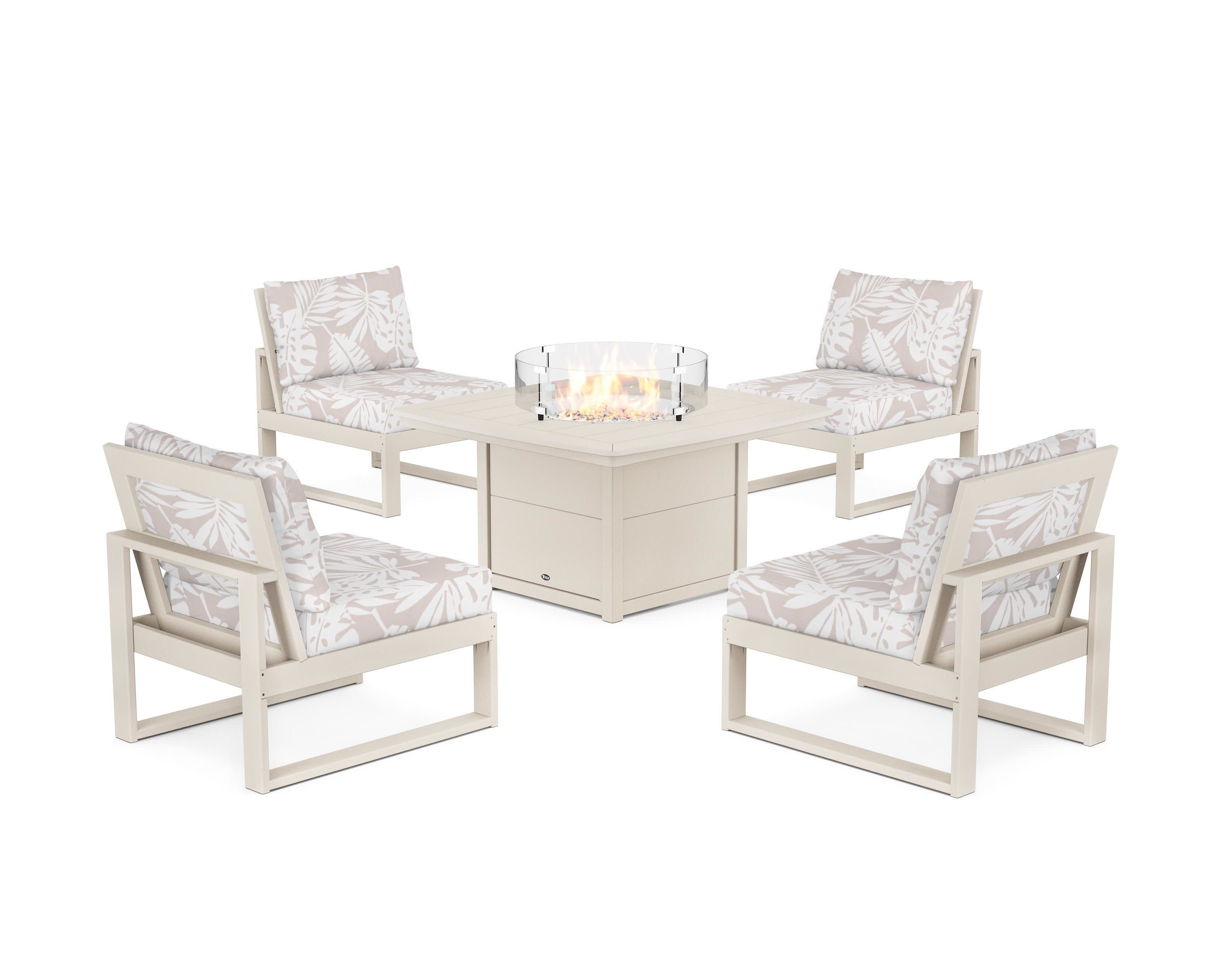 Eastport Modular 5-Piece Deep Seating Set with Yacht Club Fire Pit Table in Sand Castle / Leaf Dune Burlap