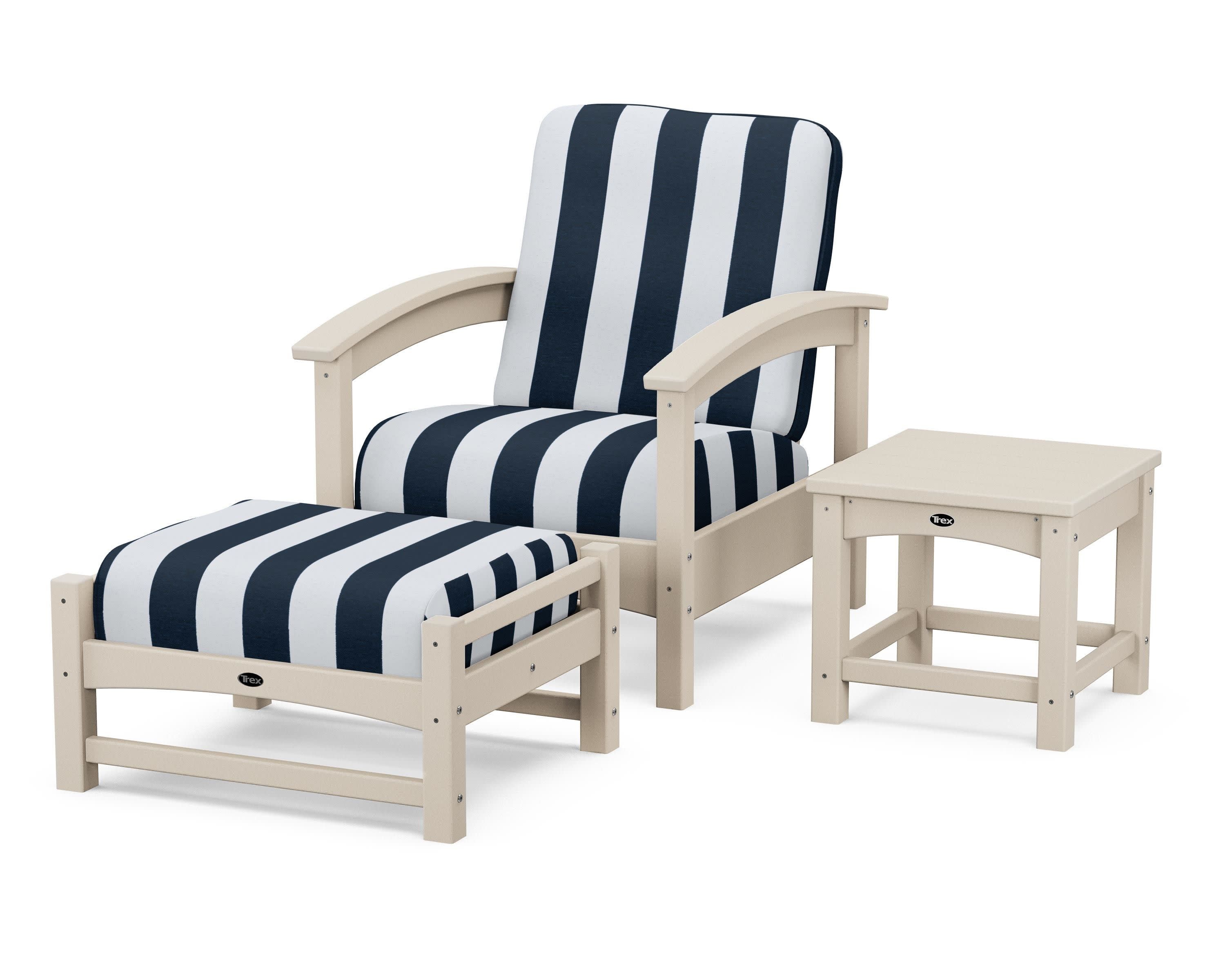Rockport 3-Piece Deep Seating Set in Sand Castle / Cabana Stripe Marine Indigo