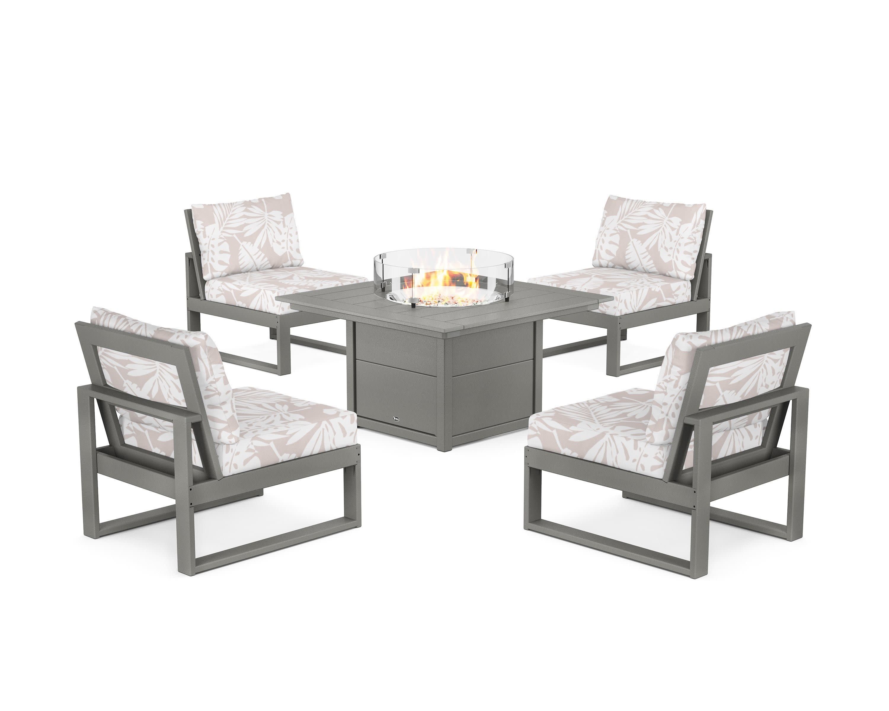 Eastport Modular 5-Piece Deep Seating Set with Square Fire Pit Table in Stepping Stone / Leaf Dune Burlap