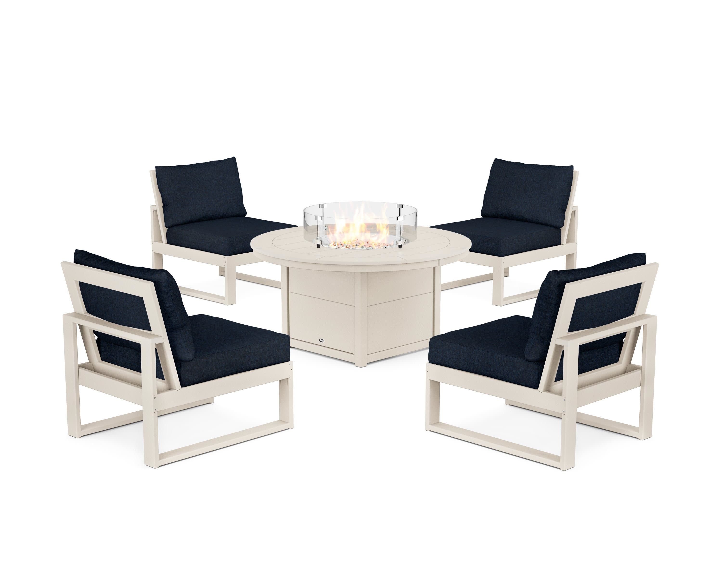 Eastport Modular 5-Piece Deep Seating Set with Round Fire Pit Table in Sand Castle / Marine Indigo