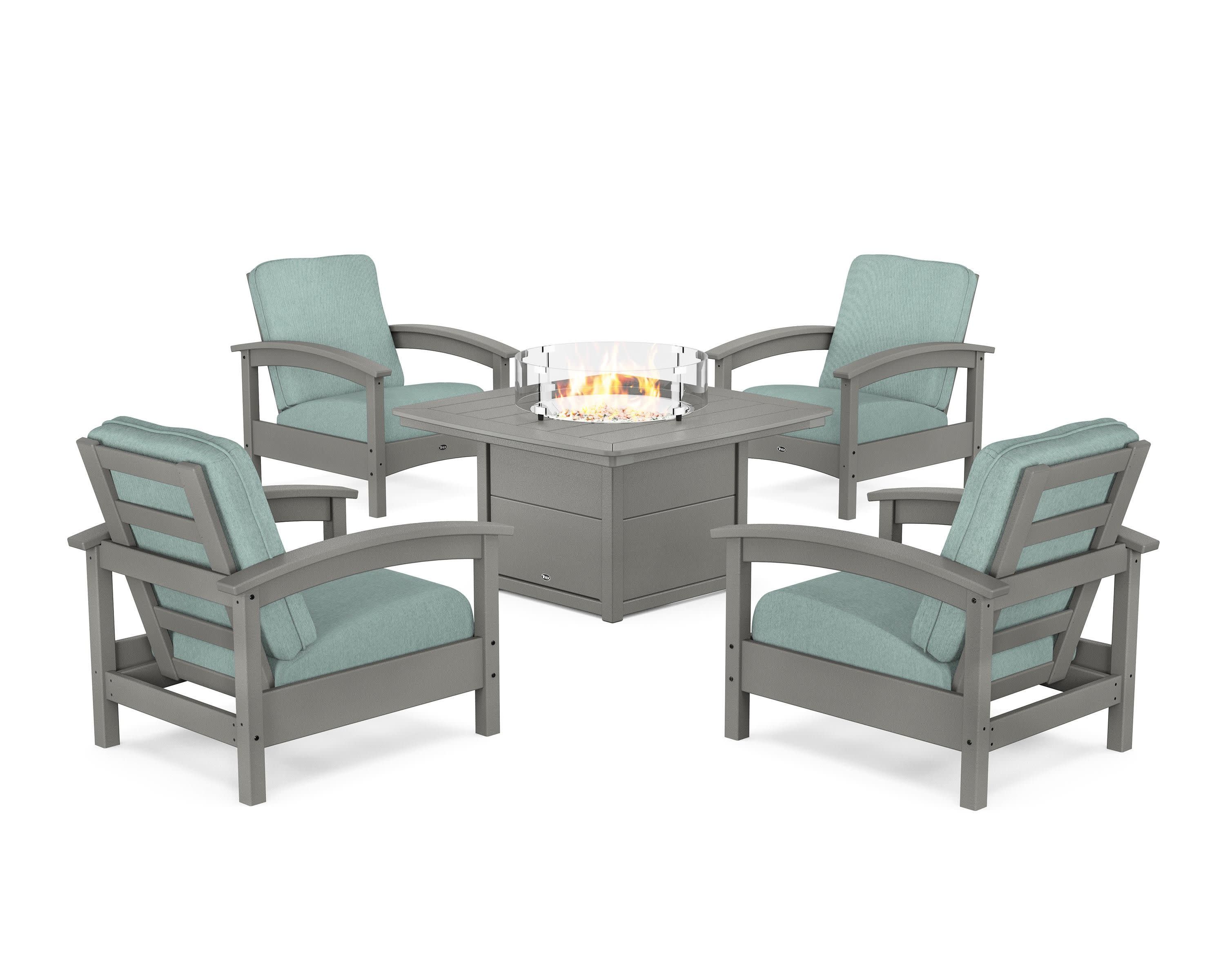 Rockport 5-Piece Deep Seating Set with Yacht Club Fire Pit Table in Stepping Stone / Glacier Spa