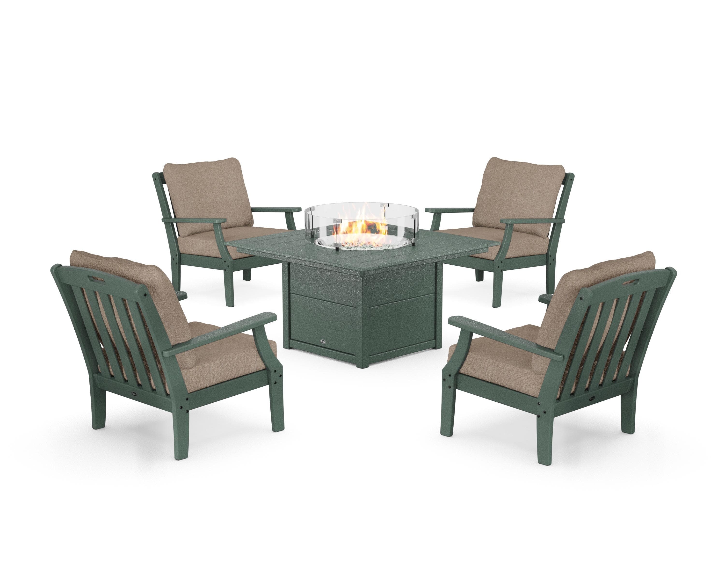 Yacht Club 5-Piece Deep Seating Set with Square Fire Pit Table in Rainforest Canopy / Spiced Burlap