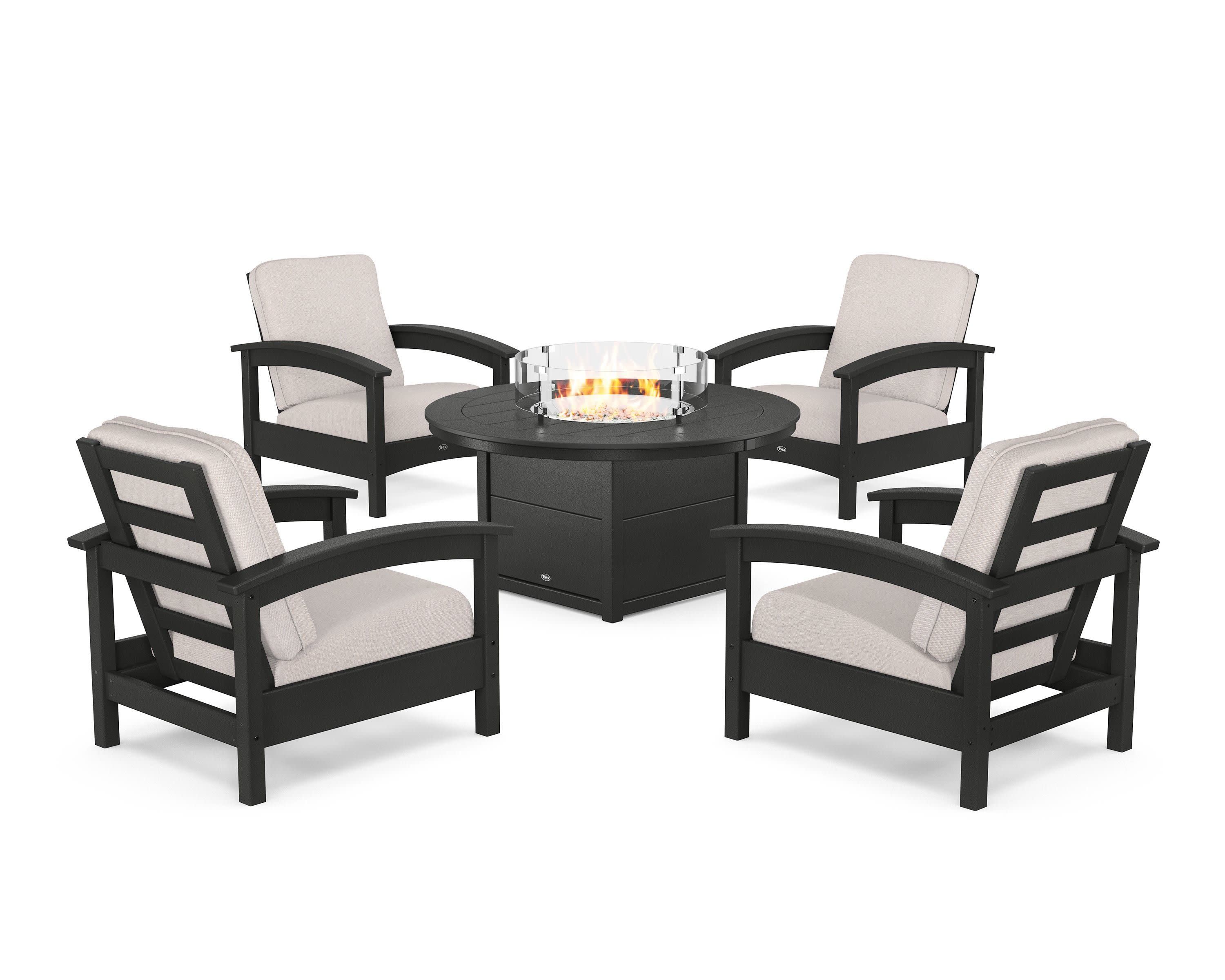 Rockport 5-Piece Deep Seating Set with Round Fire Pit Table in Charcoal Black / Dune Burlap