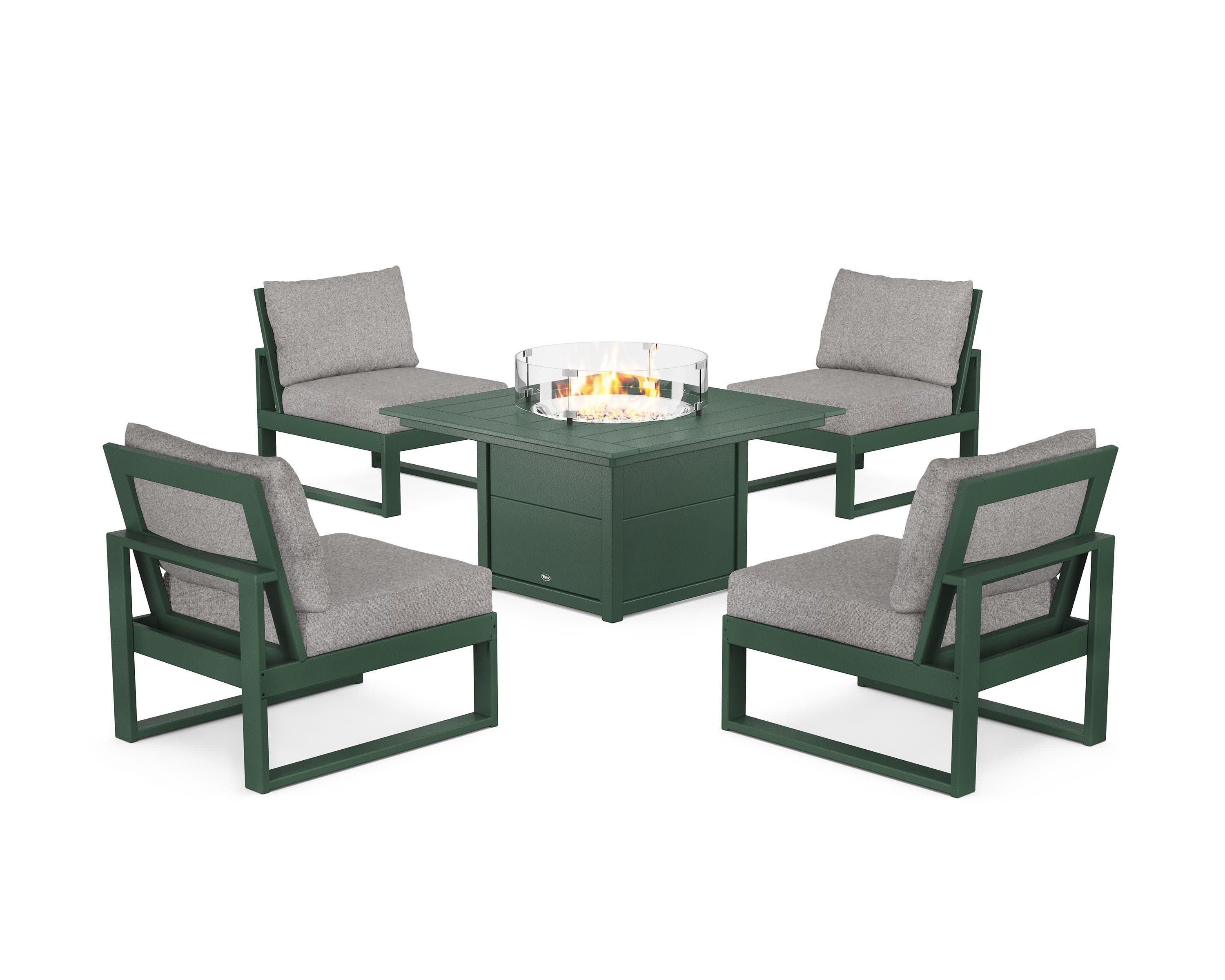 Eastport Modular 5-Piece Deep Seating Set with Square Fire Pit Table in Rainforest Canopy / Grey Mist