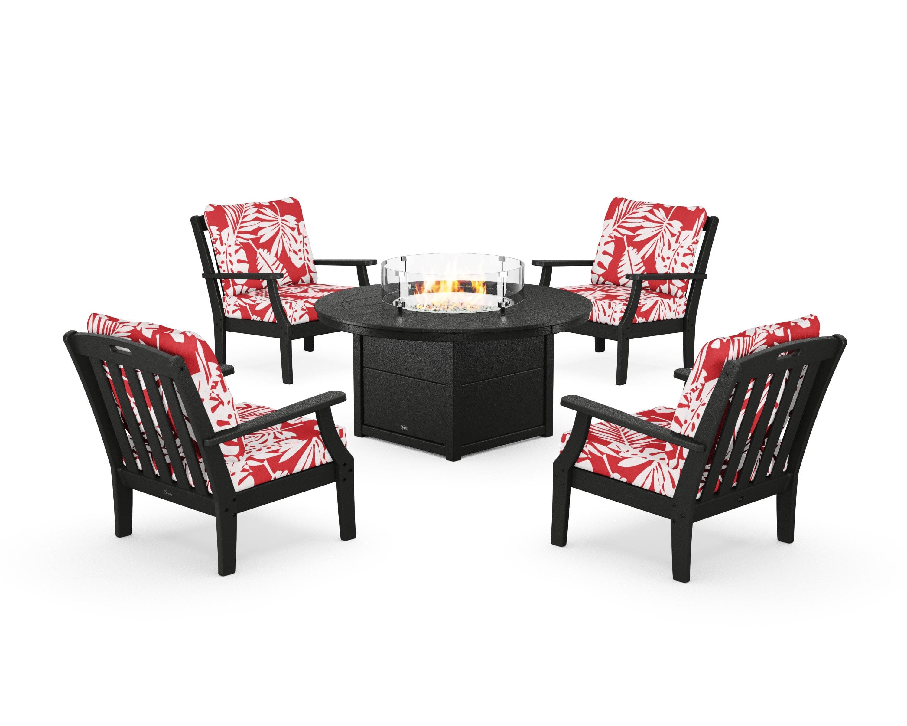Yacht Club 5-Piece Deep Seating Set with Round Fire Pit Table in Charcoal Black / Leaf Crimson