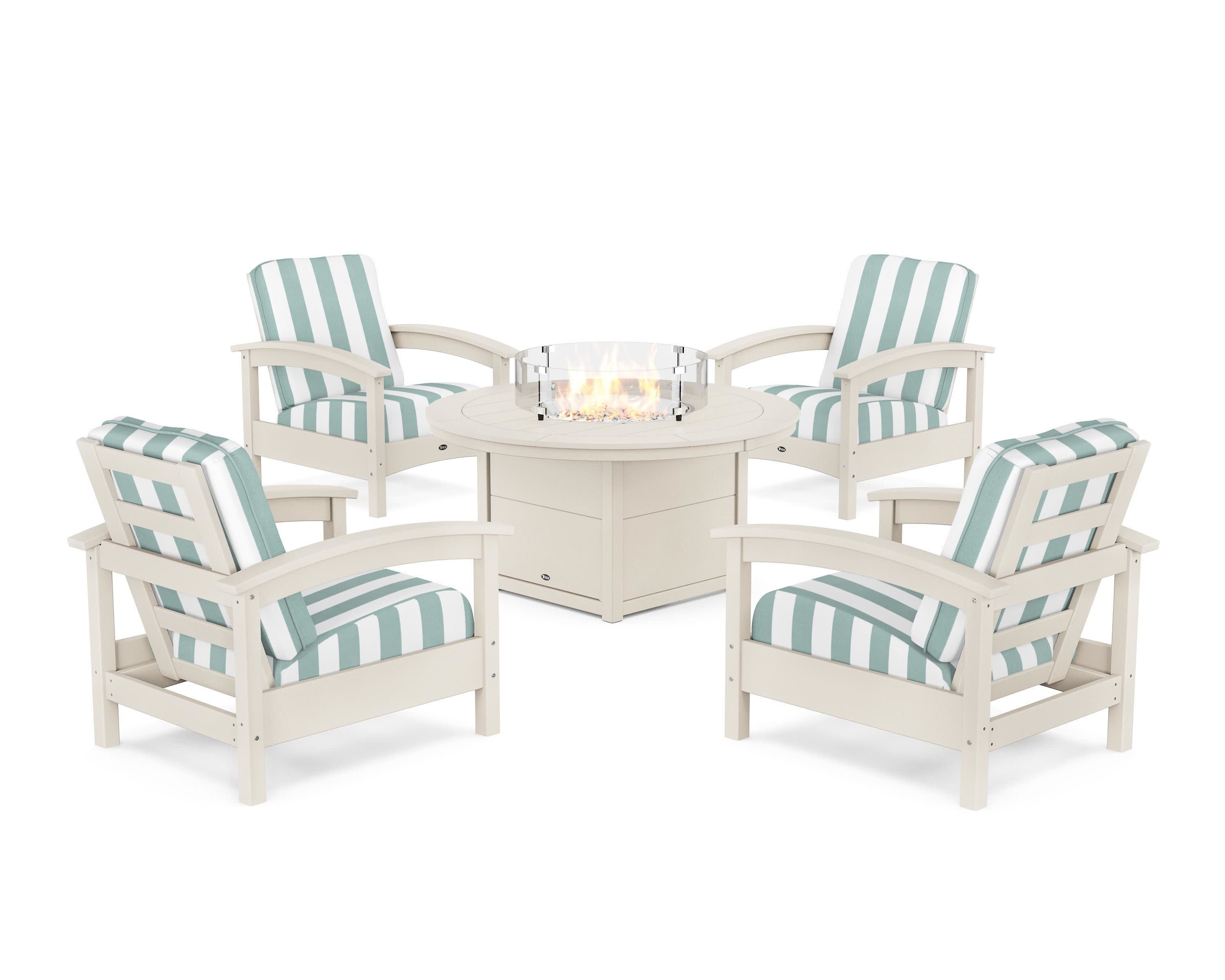 Rockport 5-Piece Deep Seating Set with Round Fire Pit Table in Sand Castle / Cabana Stripe Glacier Spa
