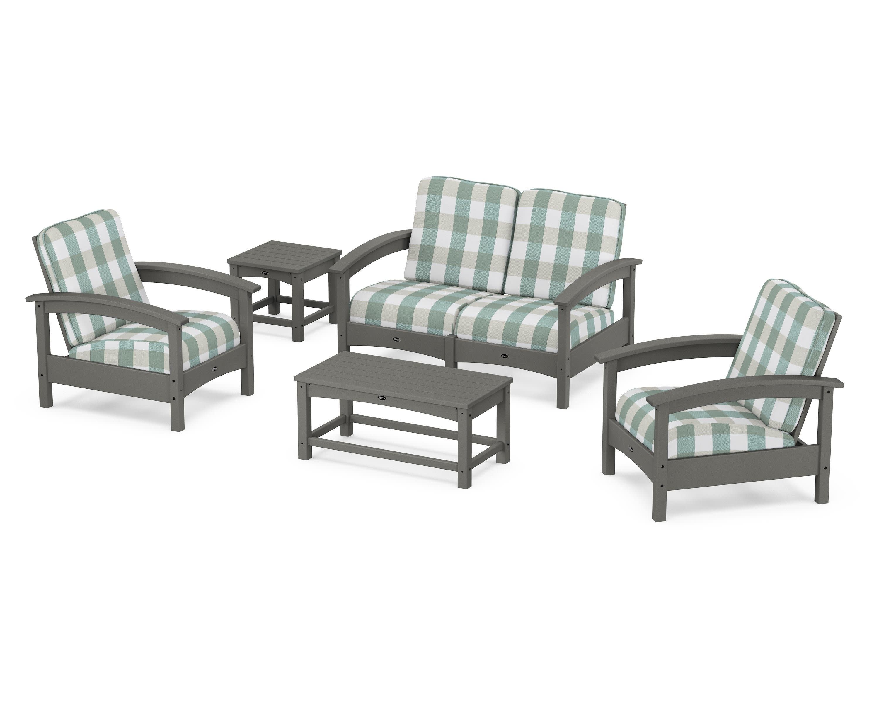 Rockport Club 6-Piece Deep Seating Conversation Set in Stepping Stone / Buffalo Plaid Glacier Spa