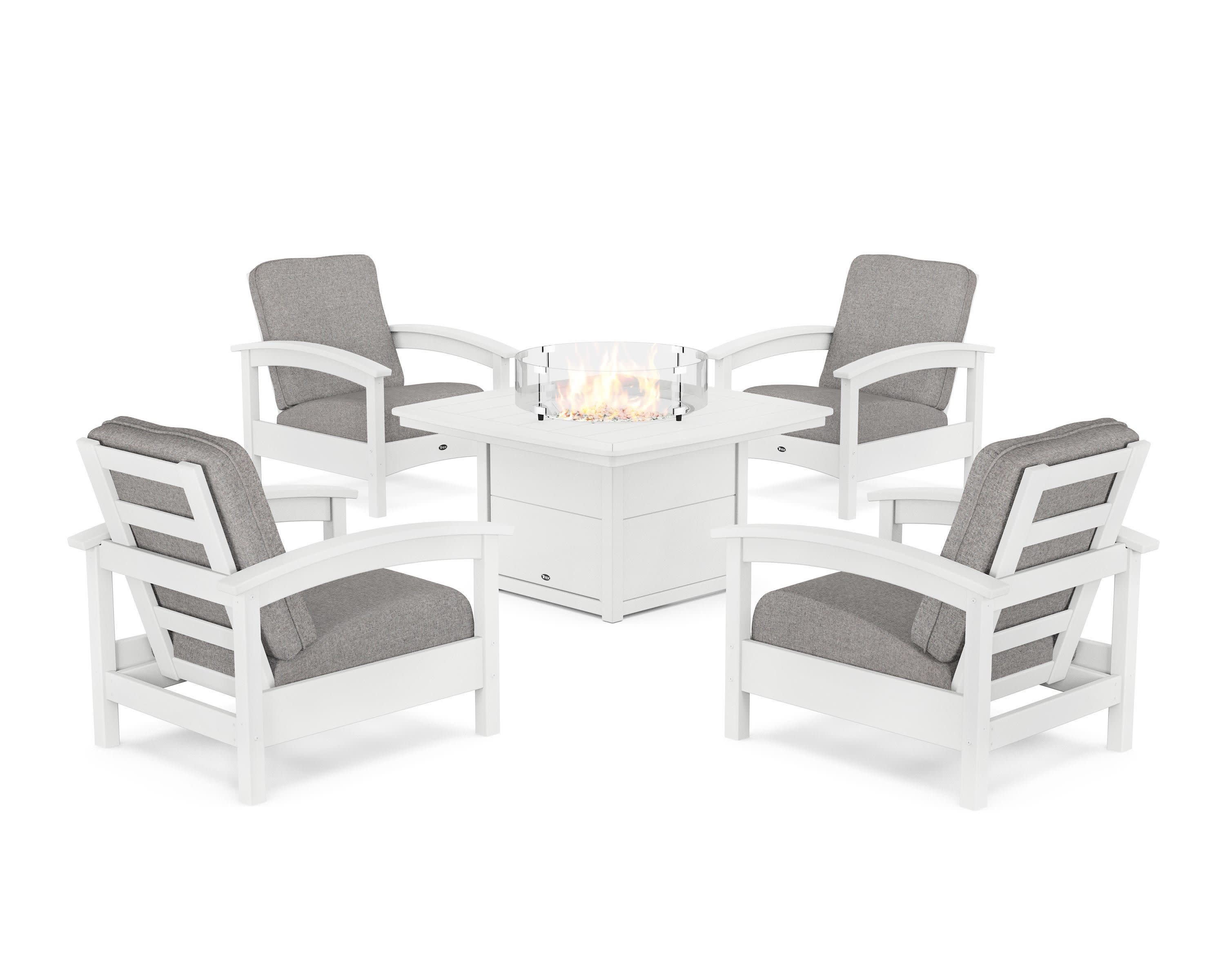 Rockport 5-Piece Deep Seating Set with Yacht Club Fire Pit Table in Classic White / Grey Mist