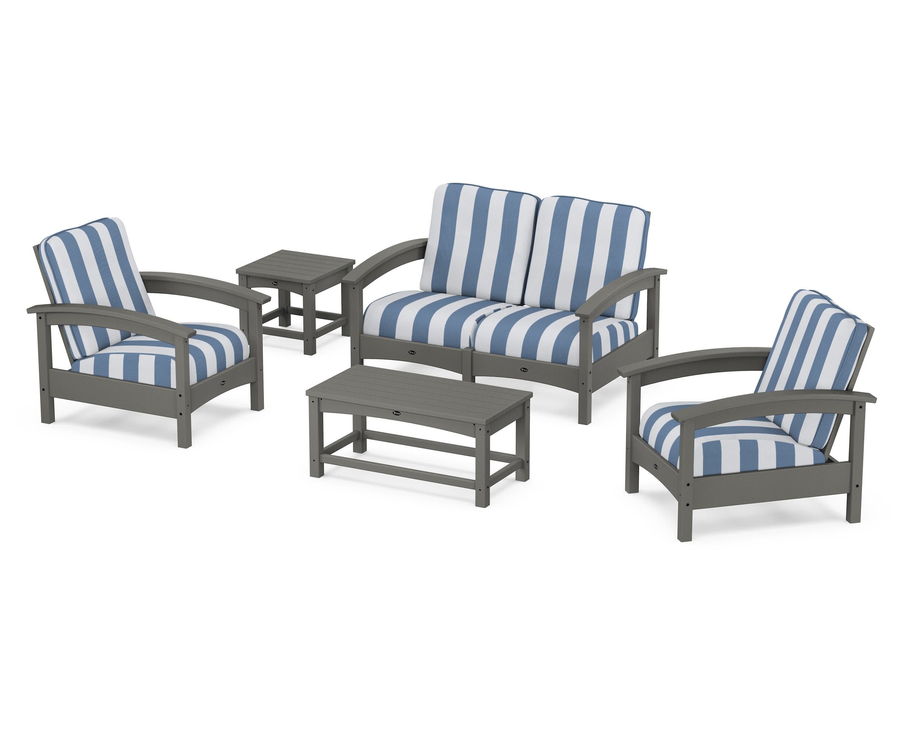 Rockport Club 6-Piece Deep Seating Conversation Set in Stepping Stone / Cabana Stripe Sky Blue