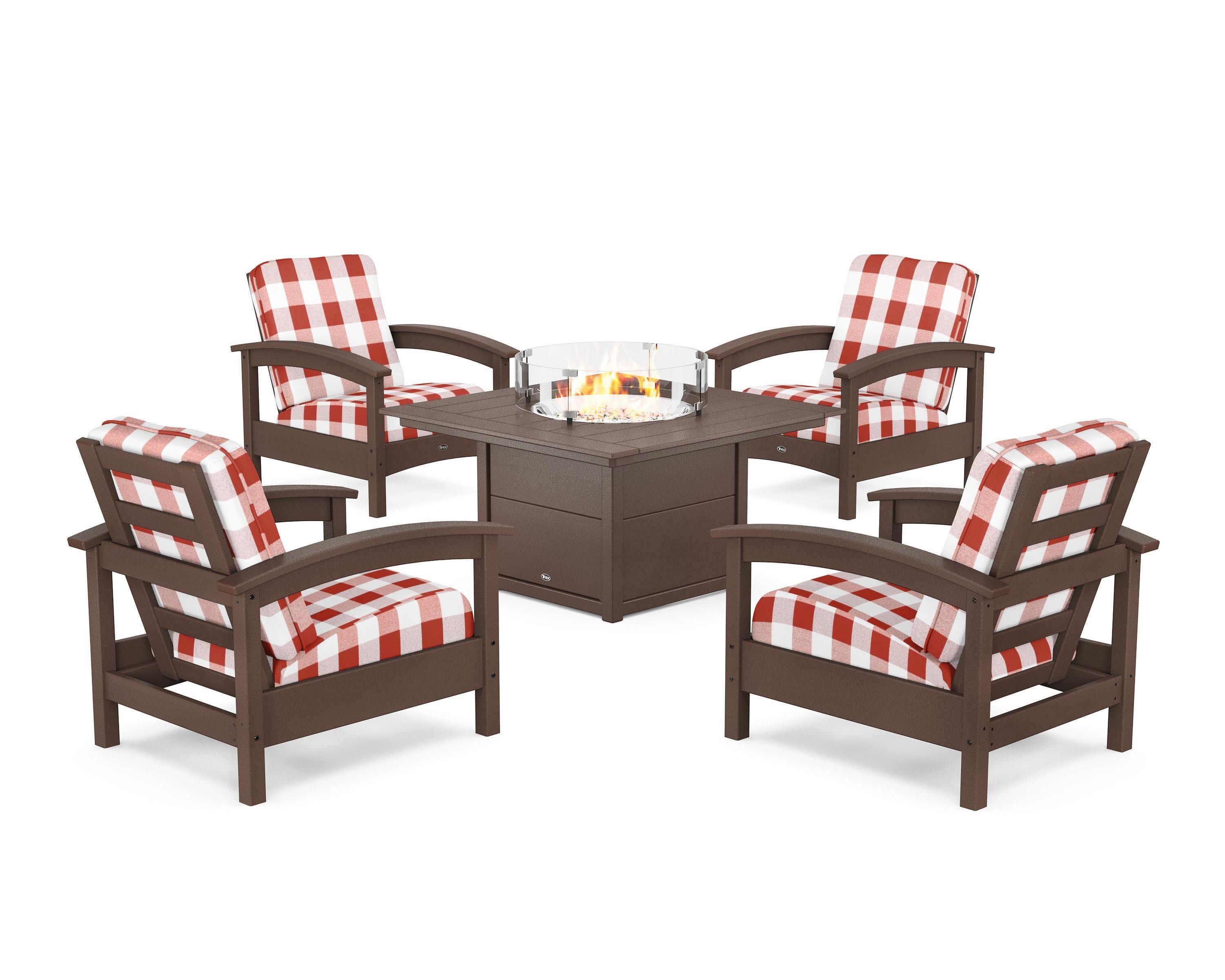 Rockport 5-Piece Deep Seating Set with Square Fire Pit Table in Vintage Lantern / Buffalo Plaid Crimson