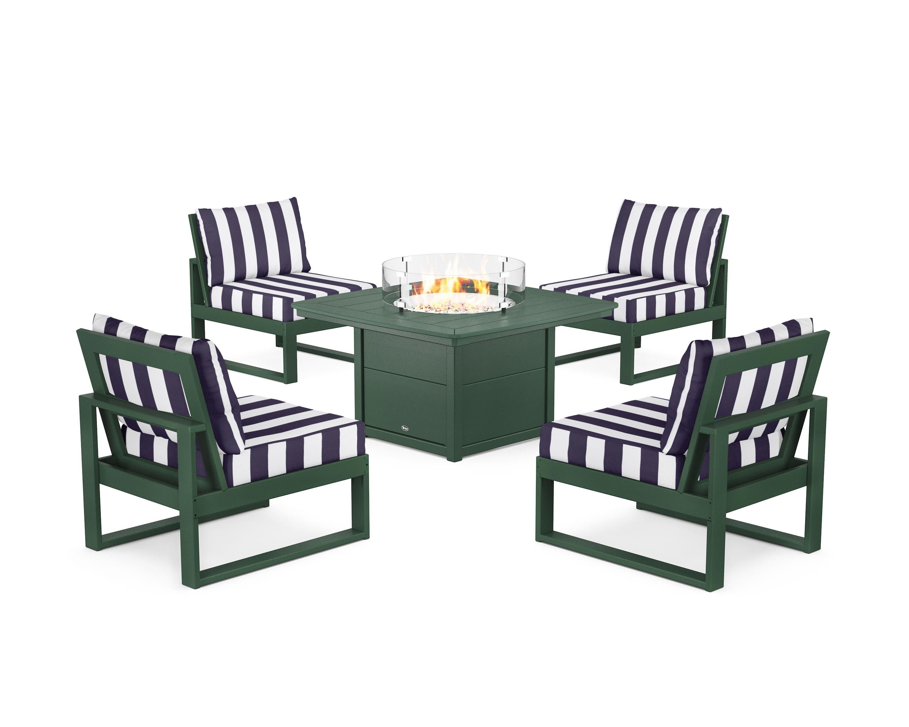 Eastport Modular 5-Piece Deep Seating Set with Yacht Club Fire Pit Table in Rainforest Canopy / Cabana Stripe Navy