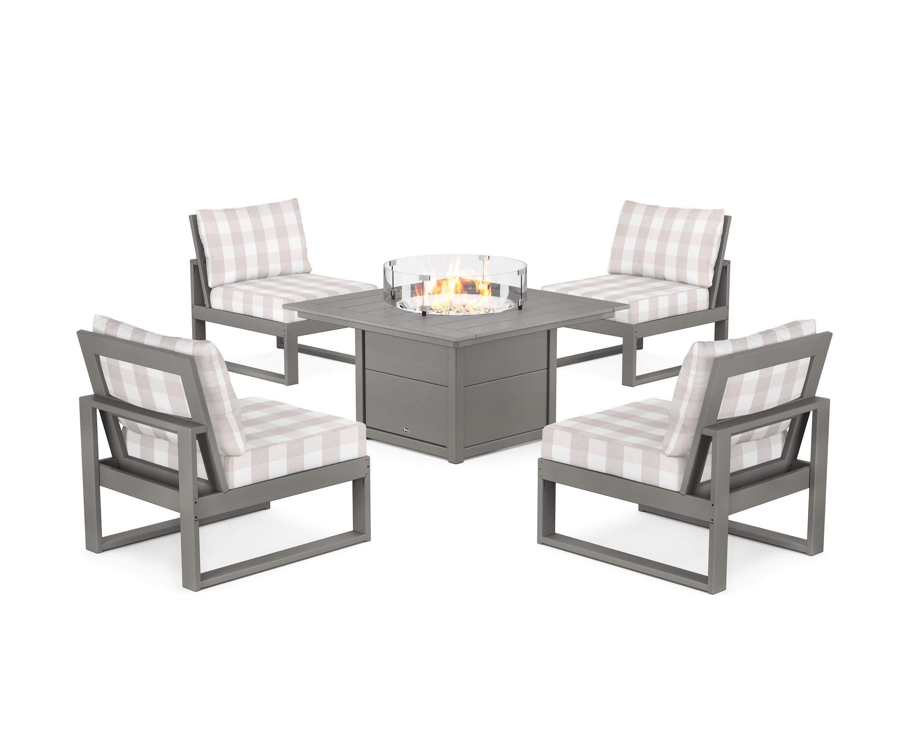 Eastport Modular 5-Piece Deep Seating Set with Square Fire Pit Table in Stepping Stone / Buffalo Plaid Dune Burlap