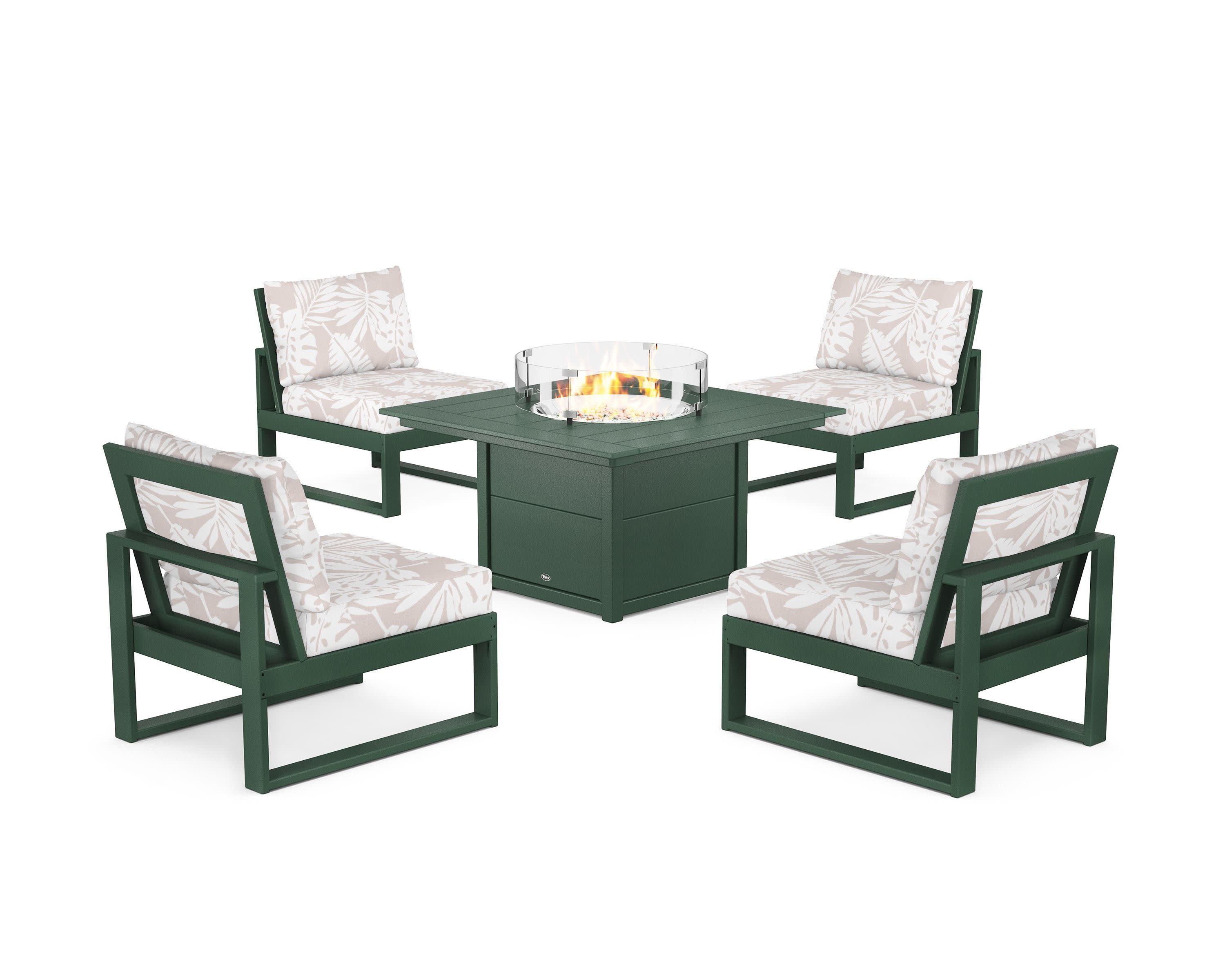 Eastport Modular 5-Piece Deep Seating Set with Square Fire Pit Table in Rainforest Canopy / Leaf Dune Burlap