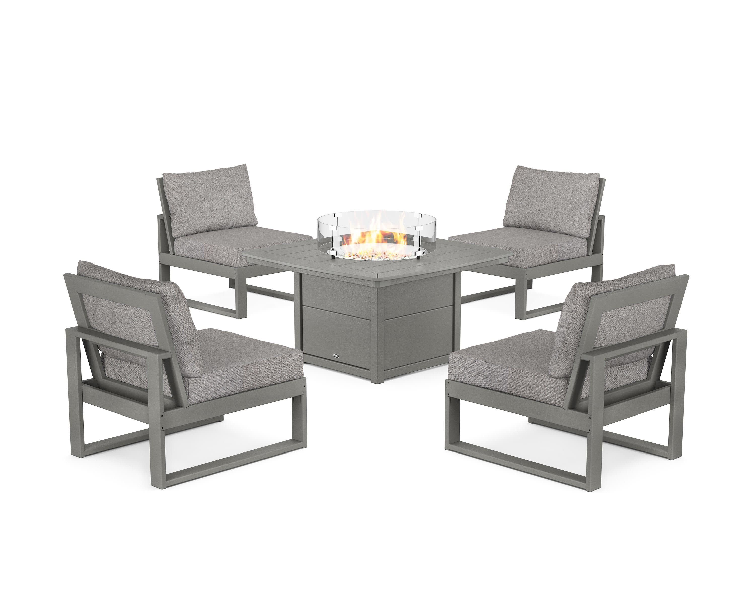 Eastport Modular 5-Piece Deep Seating Set with Yacht Club Fire Pit Table in Stepping Stone / Grey Mist