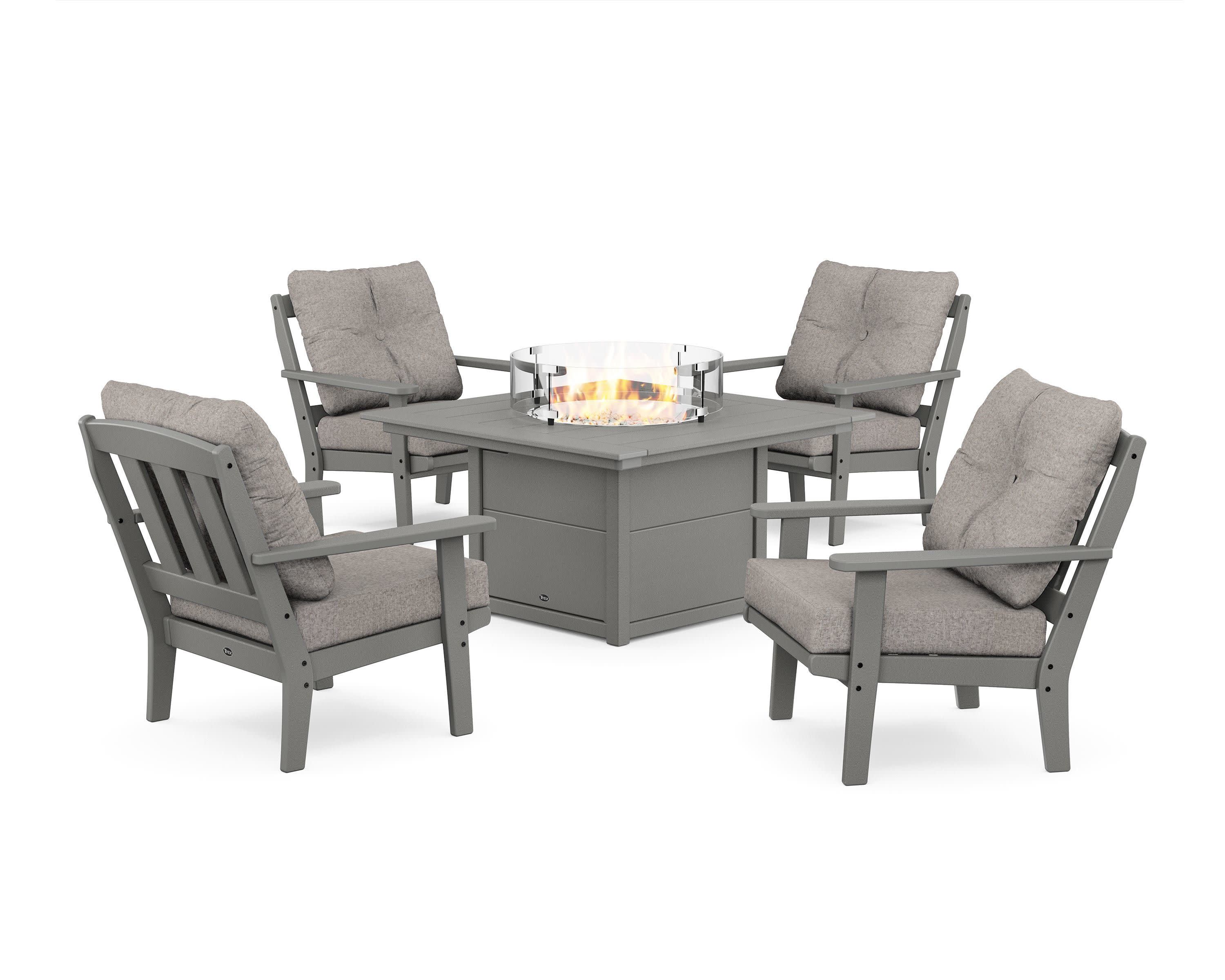 Cape Cod 5-Piece Deep Seating Set with Fire Pit Table in Stepping Stone / Weathered Tweed