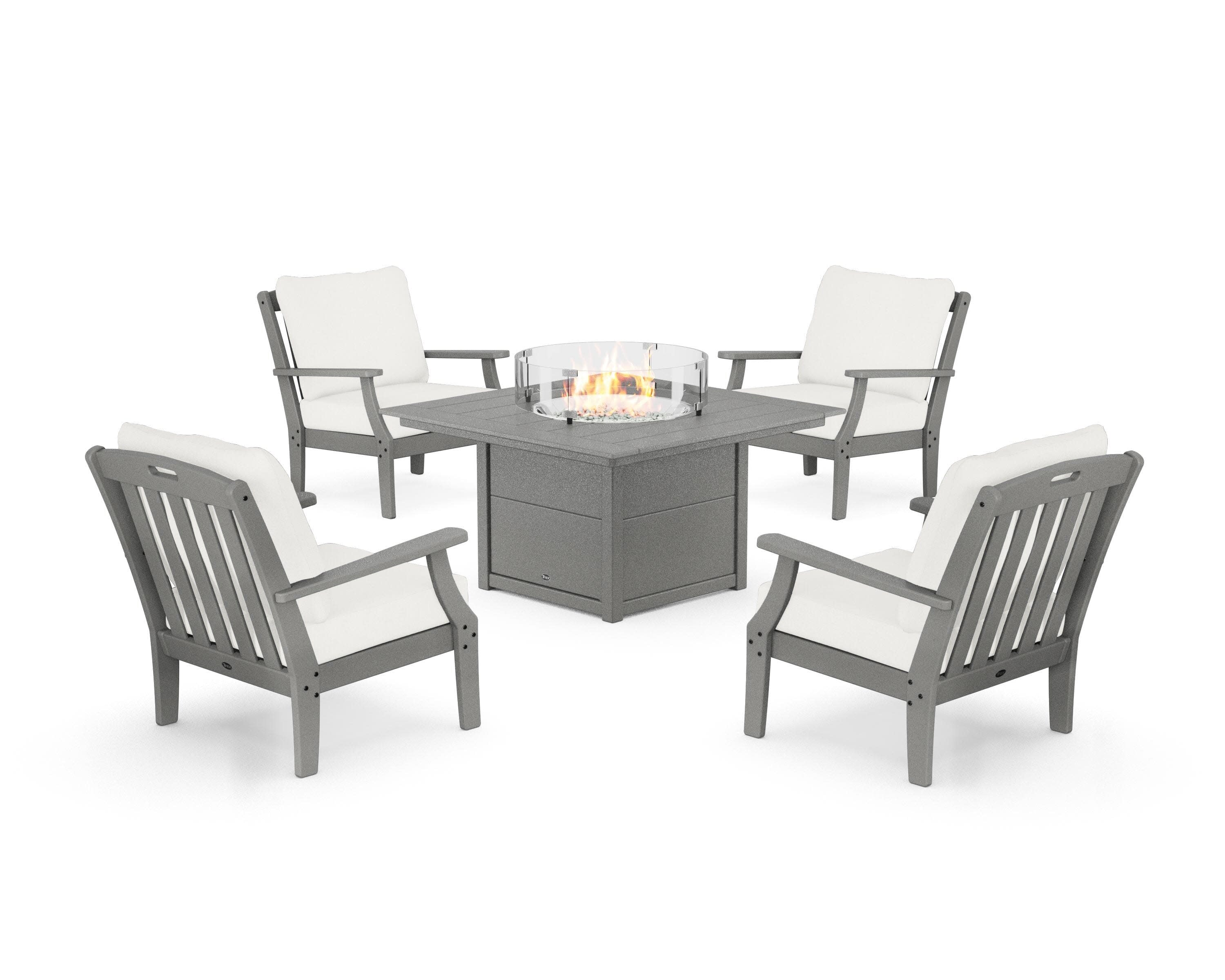 Yacht Club 5-Piece Deep Seating Set with Square Fire Pit Table in Stepping Stone / Natural Linen