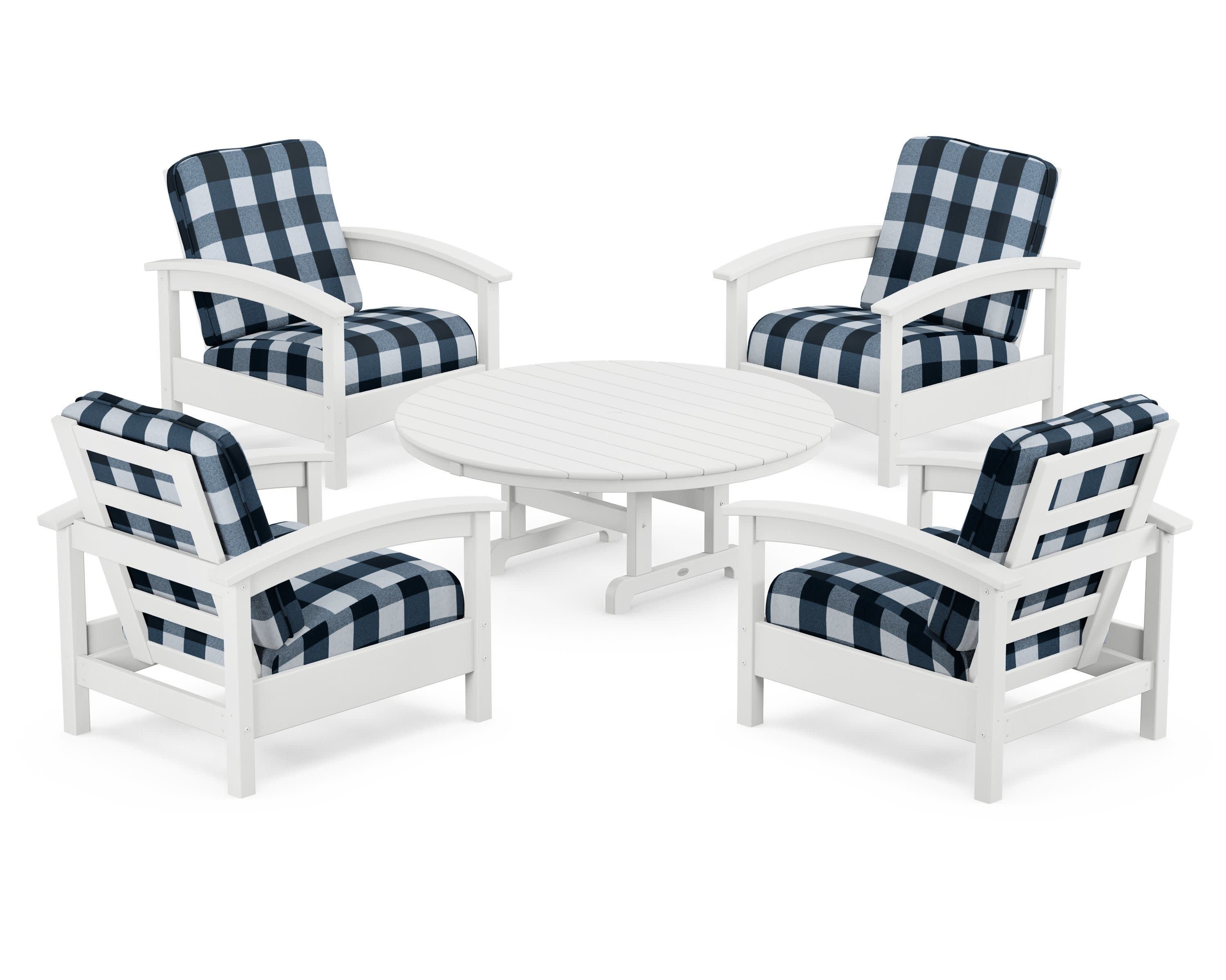 Rockport 5-Piece Deep Seating Set in Classic White / Buffalo Plaid Marine Indigo