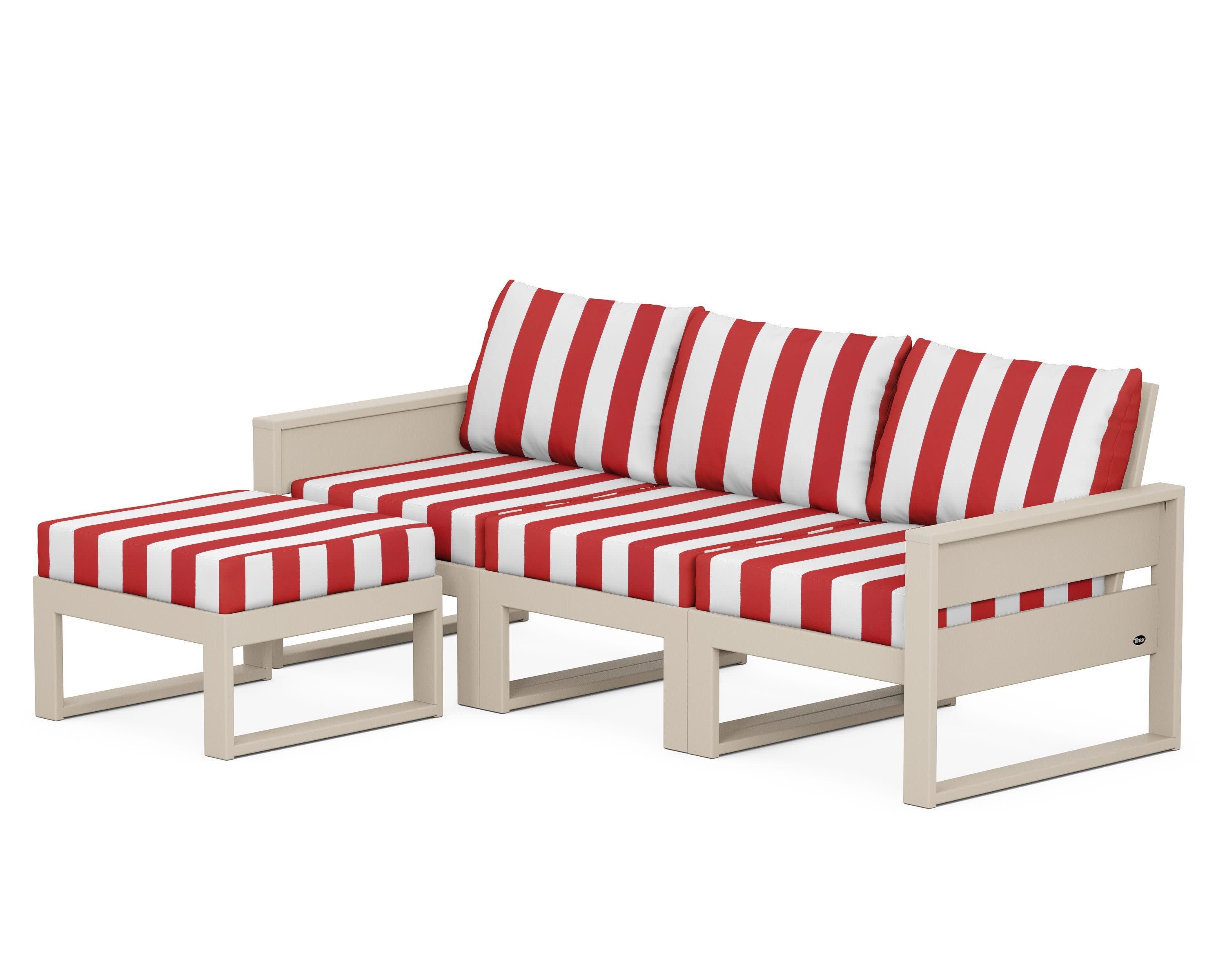 Eastport 4- Piece Sectional with Ottoman in Sand Castle / Cabana Stripe Crimson