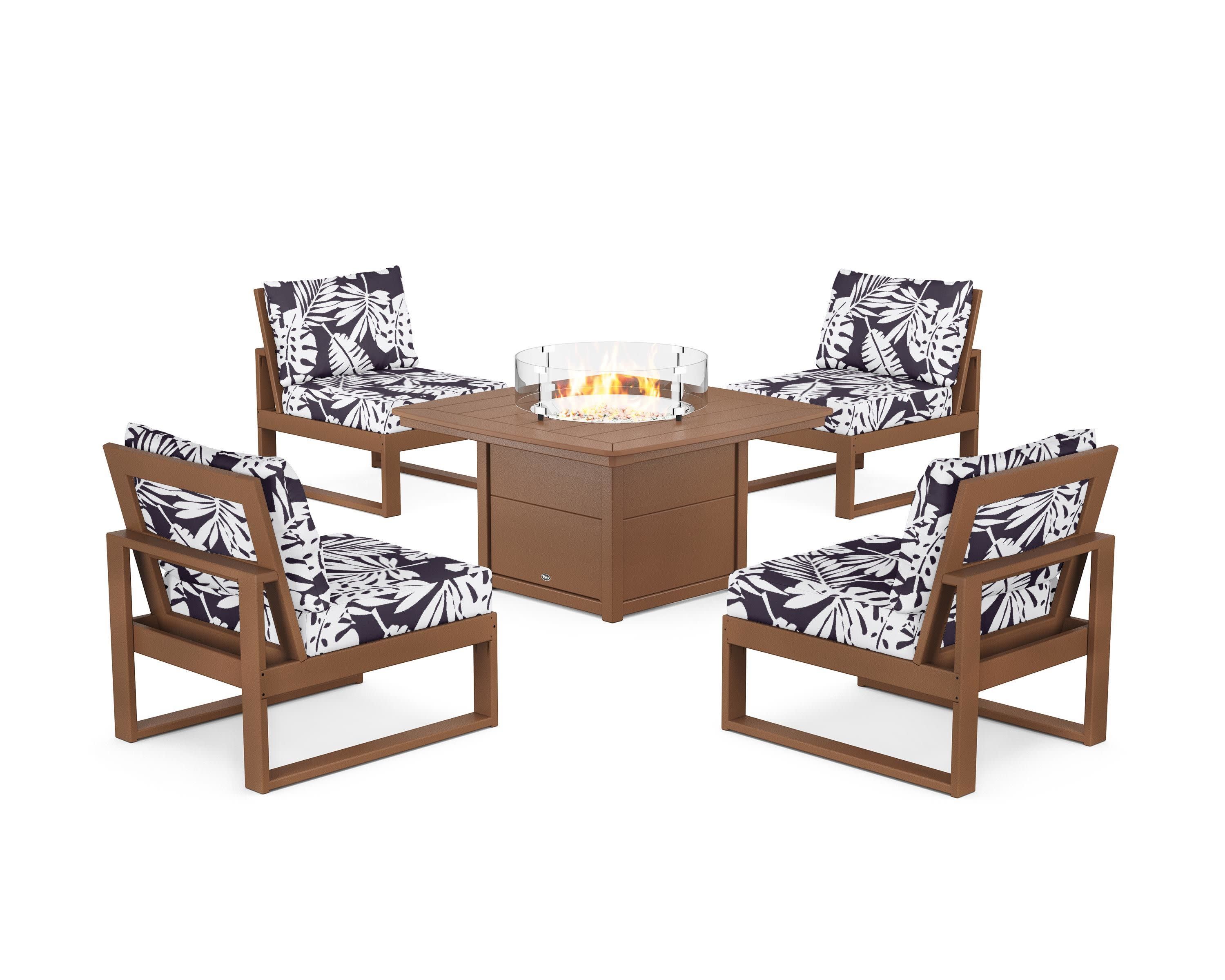 Eastport Modular 5-Piece Deep Seating Set with Yacht Club Fire Pit Table in Tree House / Leaf Navy