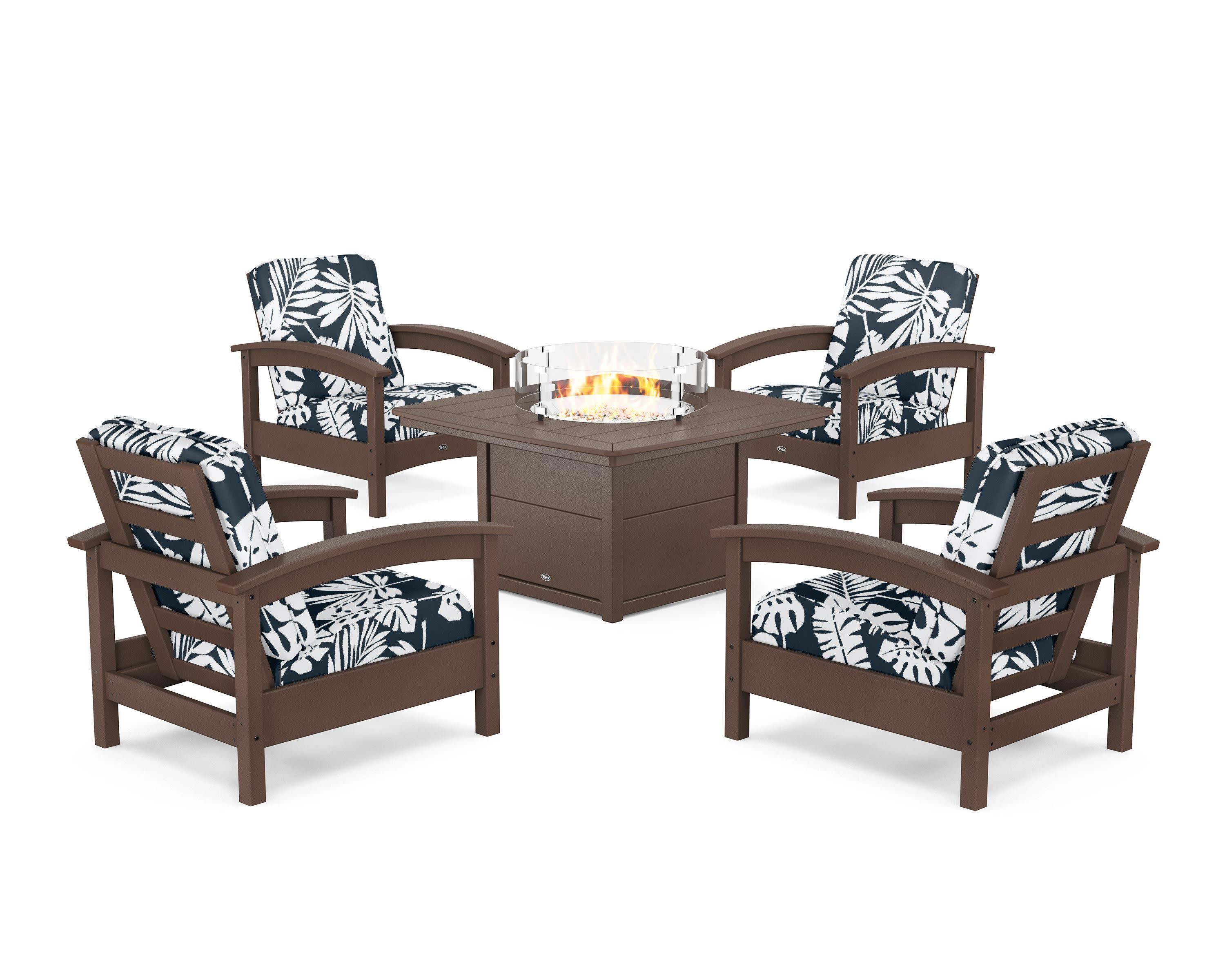 Rockport 5-Piece Deep Seating Set with Yacht Club Fire Pit Table in Vintage Lantern / Leaf Marine Indigo