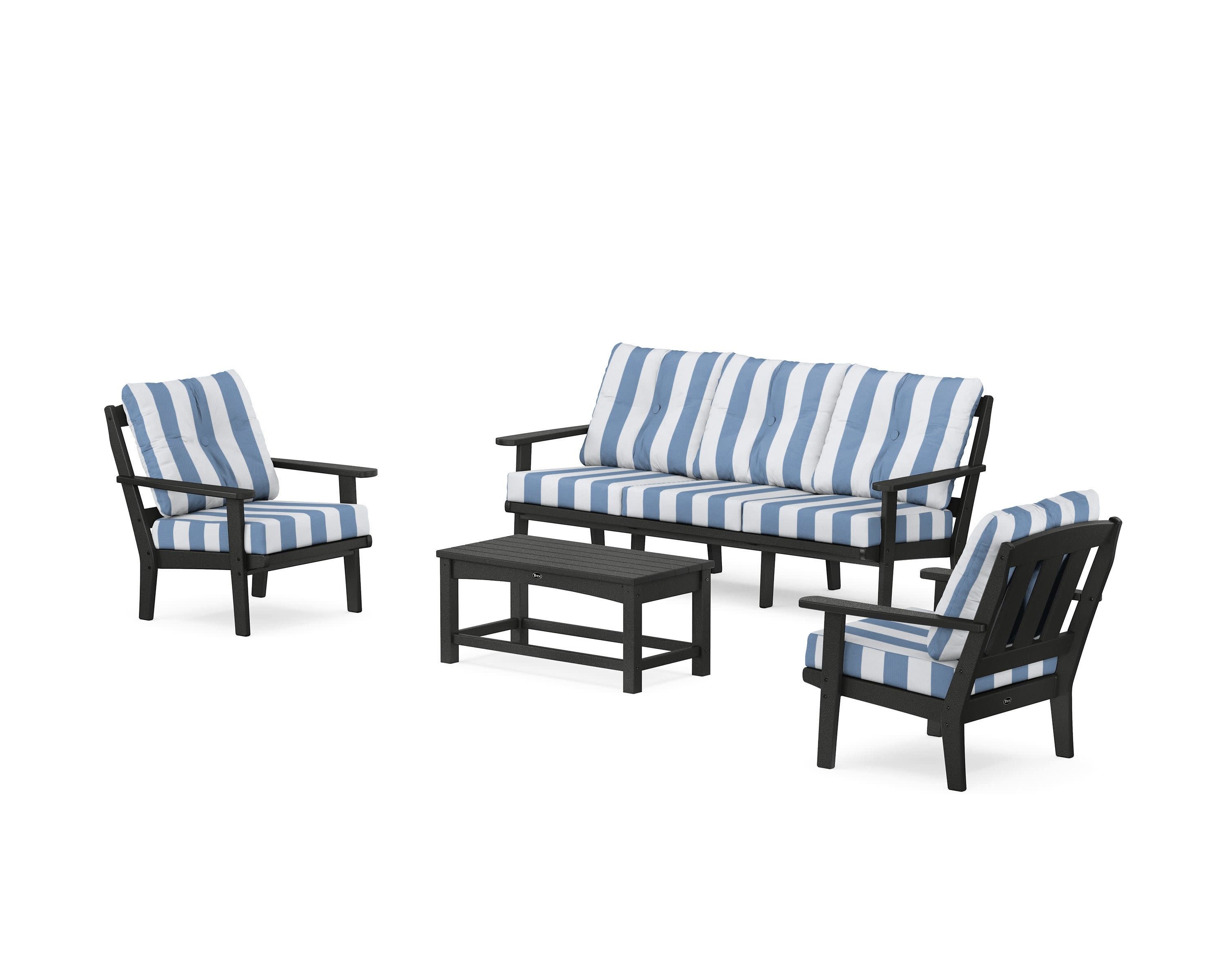 Cape Cod 4-Piece Deep Seating Set with Sofa in Charcoal Black / Cabana Stripe Sky Blue