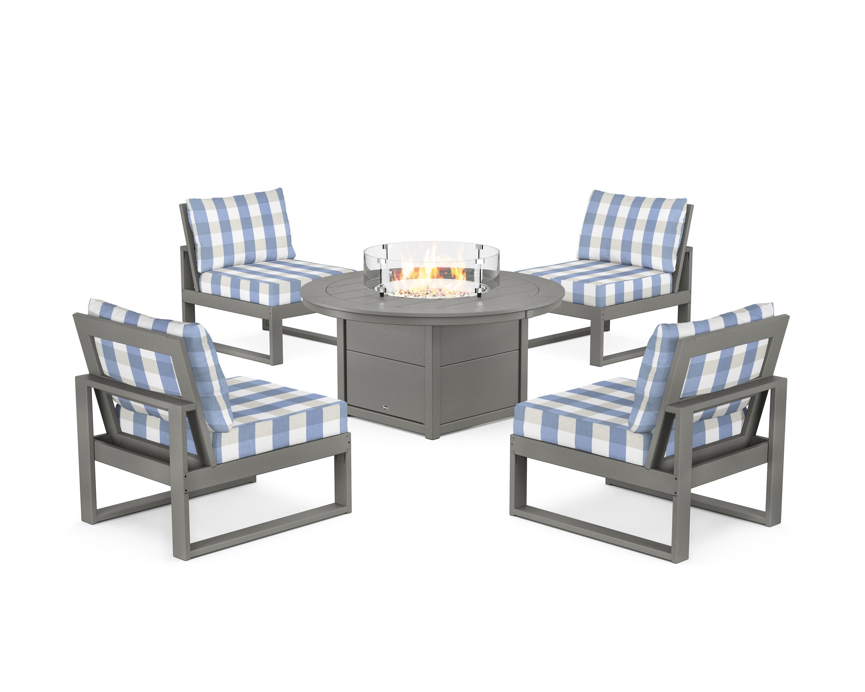 Eastport Modular 5-Piece Deep Seating Set with Round Fire Pit Table in Stepping Stone / Buffalo Plaid Sky Blue