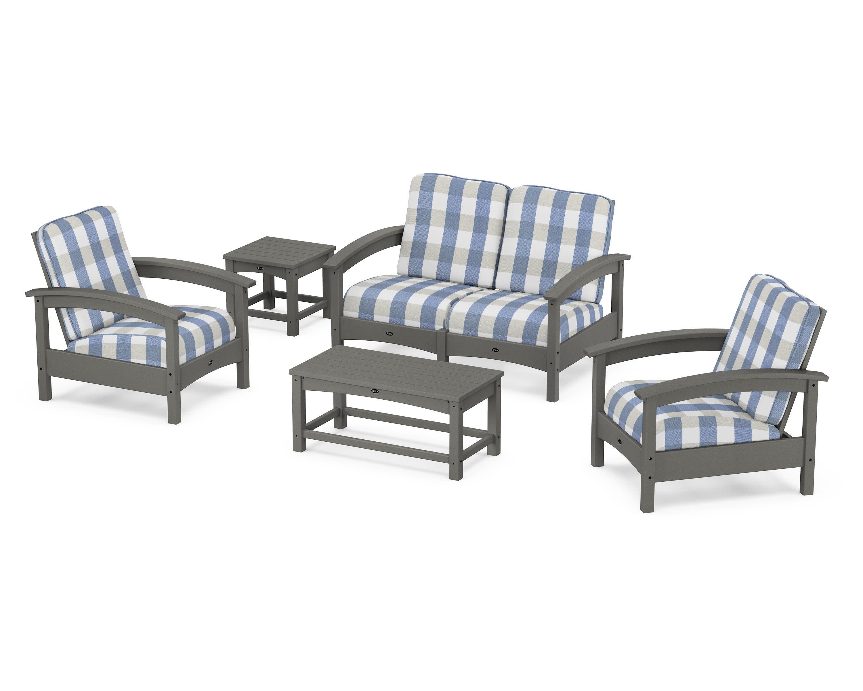 Rockport Club 6-Piece Deep Seating Conversation Set in Stepping Stone / Buffalo Plaid Sky Blue