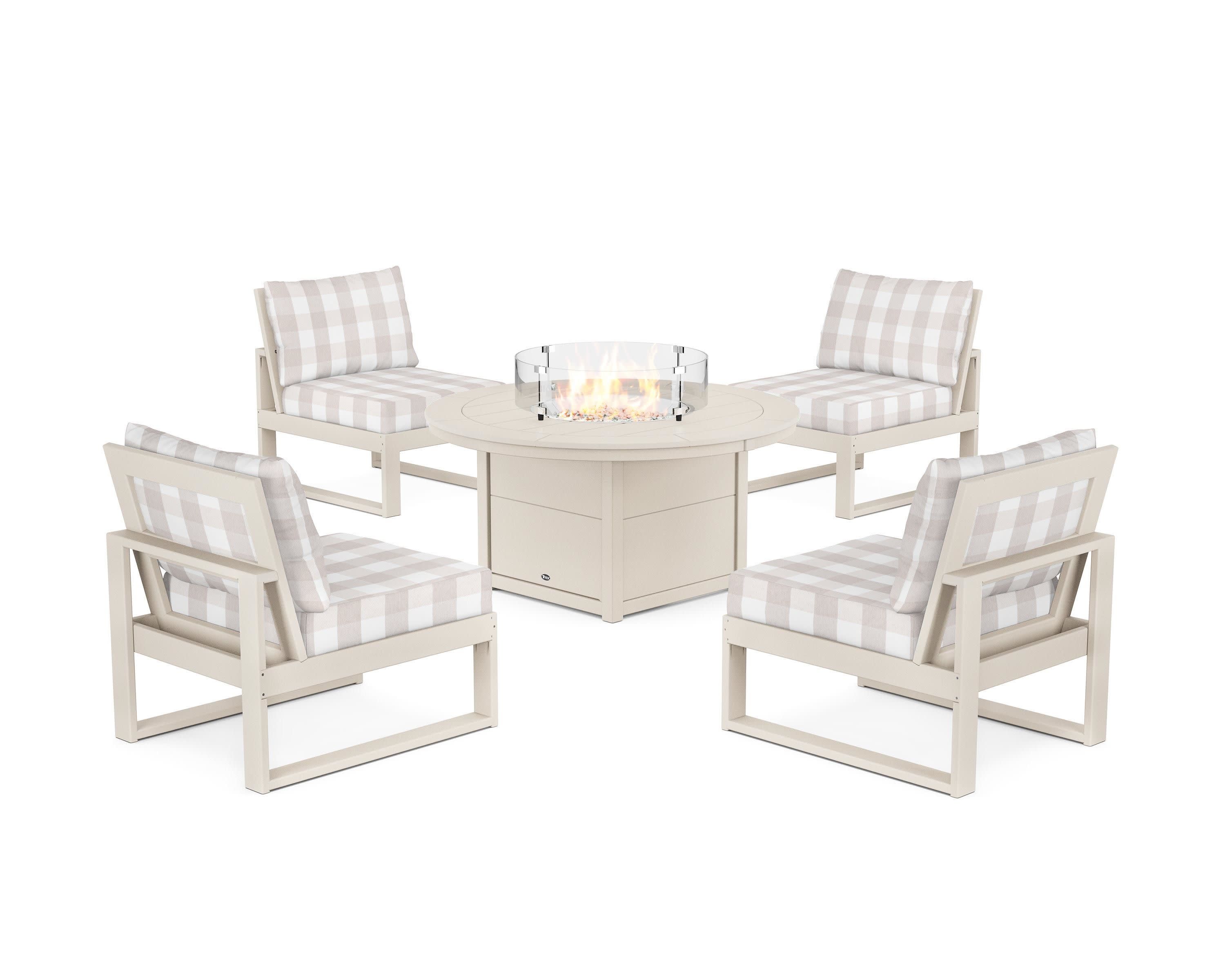 Eastport Modular 5-Piece Deep Seating Set with Round Fire Pit Table in Sand Castle / Buffalo Plaid Dune Burlap