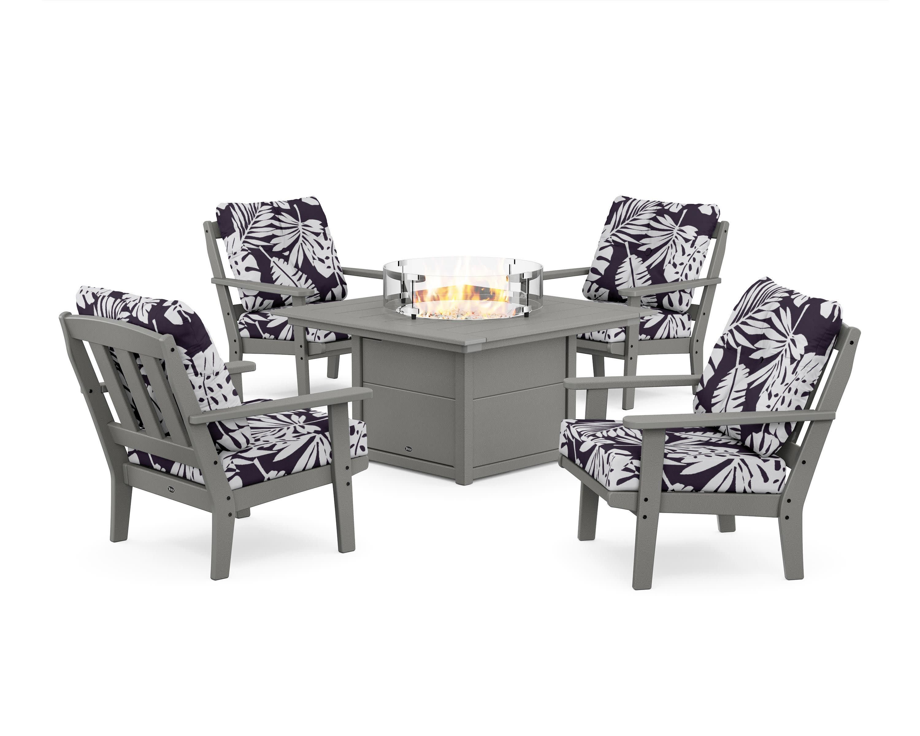 Cape Cod 5-Piece Deep Seating Set with Fire Pit Table in Stepping Stone / Leaf Navy