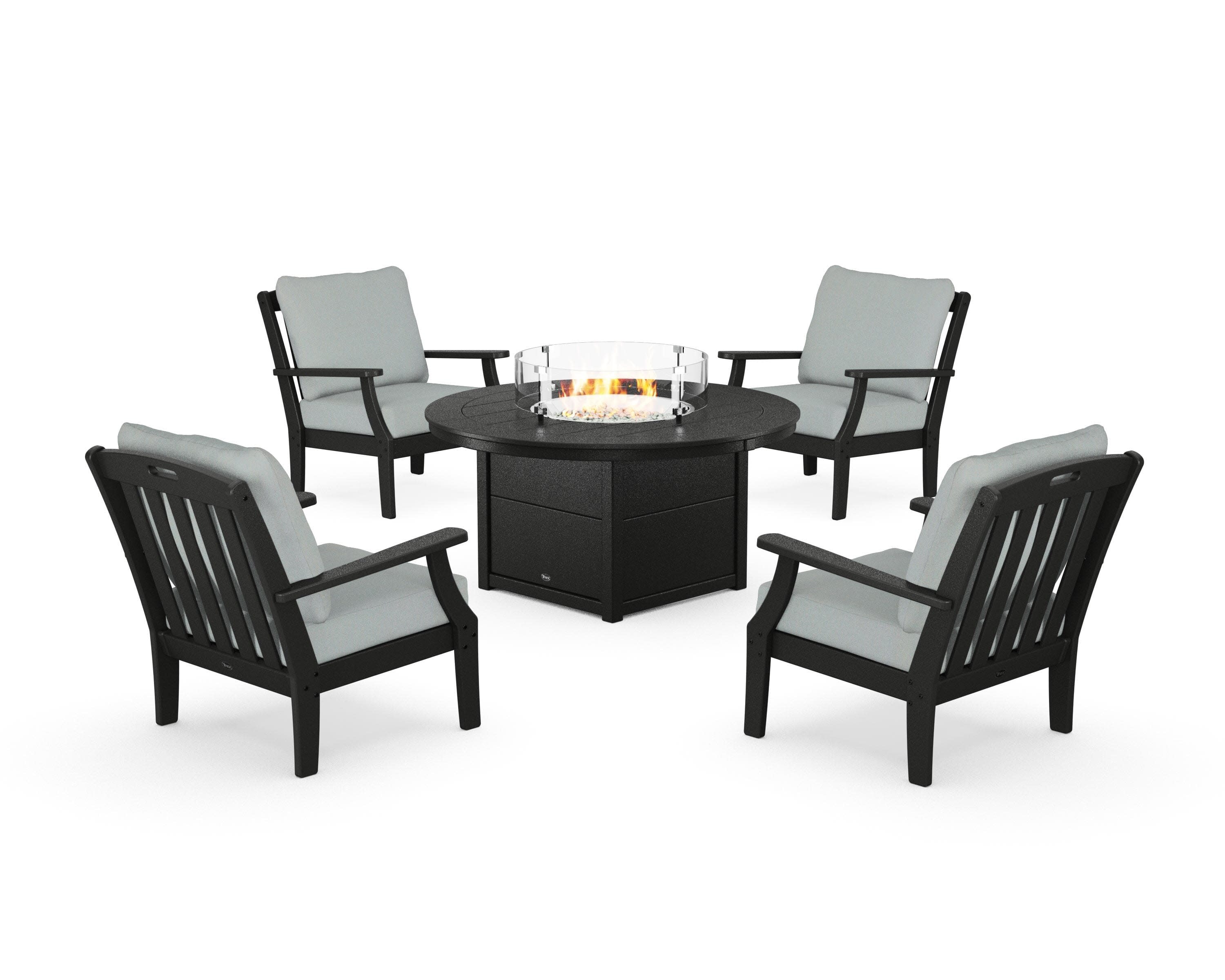 Yacht Club 5-Piece Deep Seating Set with Round Fire Pit Table in Charcoal Black / Spa