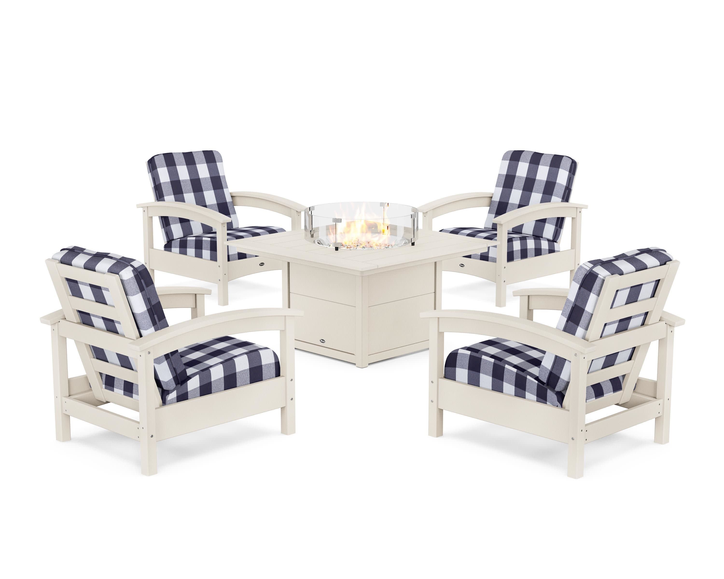 Rockport 5-Piece Deep Seating Set with Square Fire Pit Table in Sand Castle / Buffalo Plaid Navy